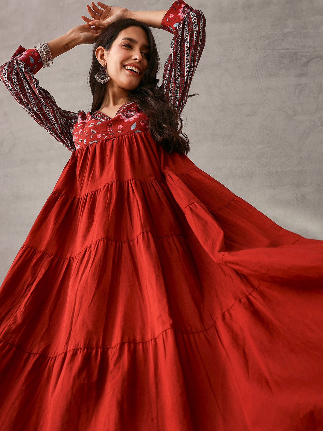 Graceful mustard Cotton Floral Printed Tiered fit Gown 