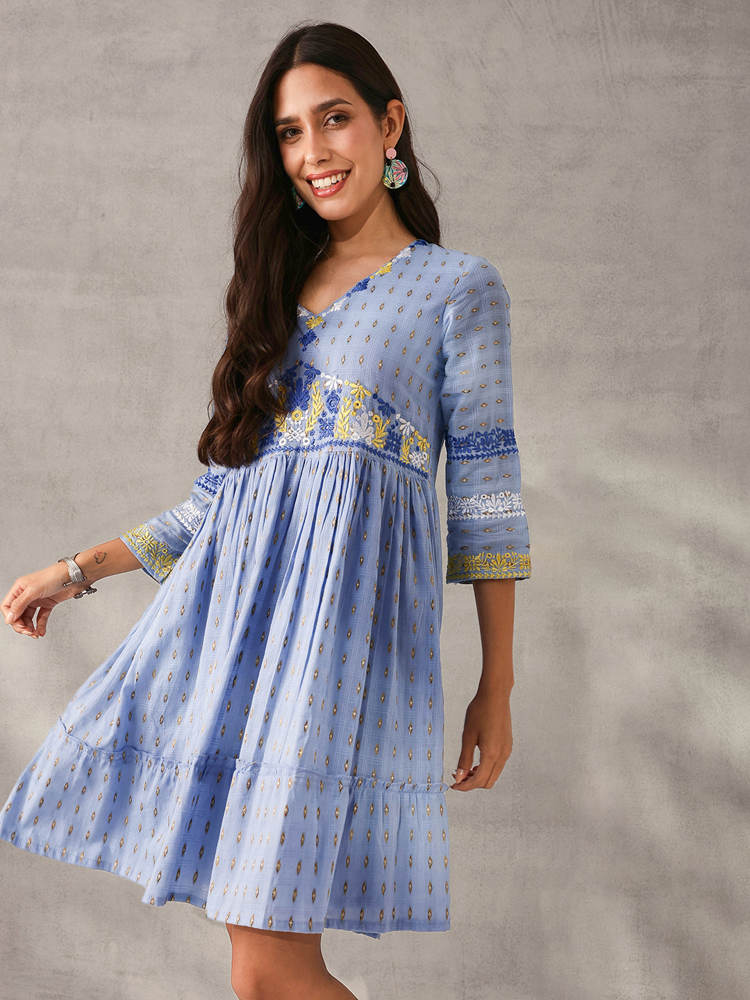 Comfy blue Cotton Dobby Embroidered Regular Fit Dress