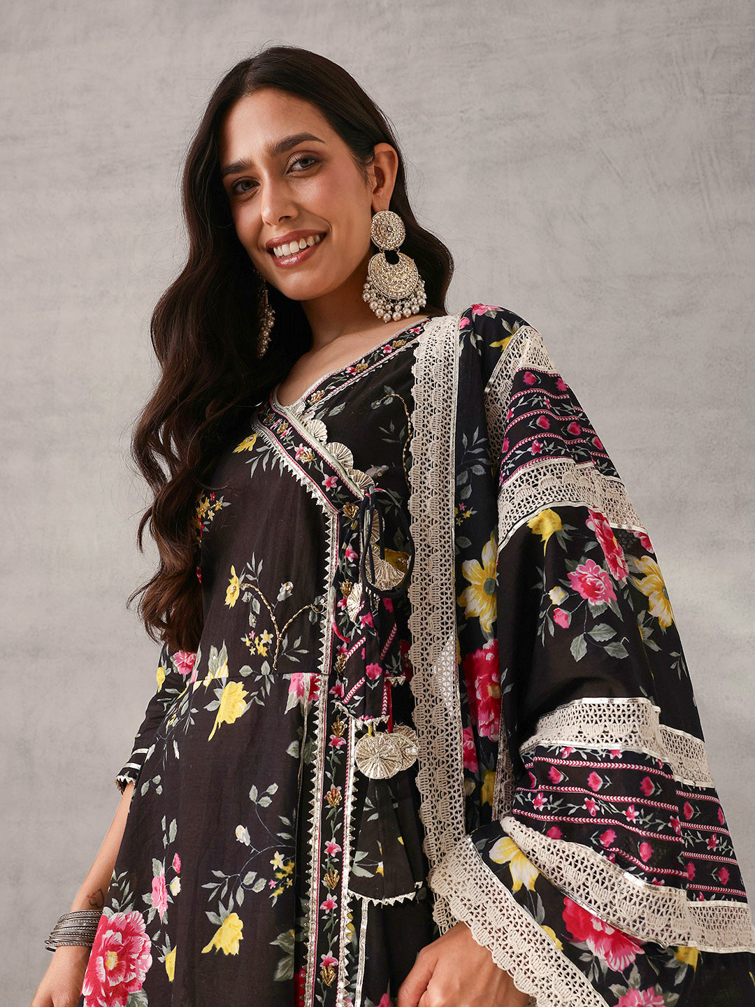 Graceful Black Cotton Floral Printed Angrakha fit Kurta Set with Dupatta