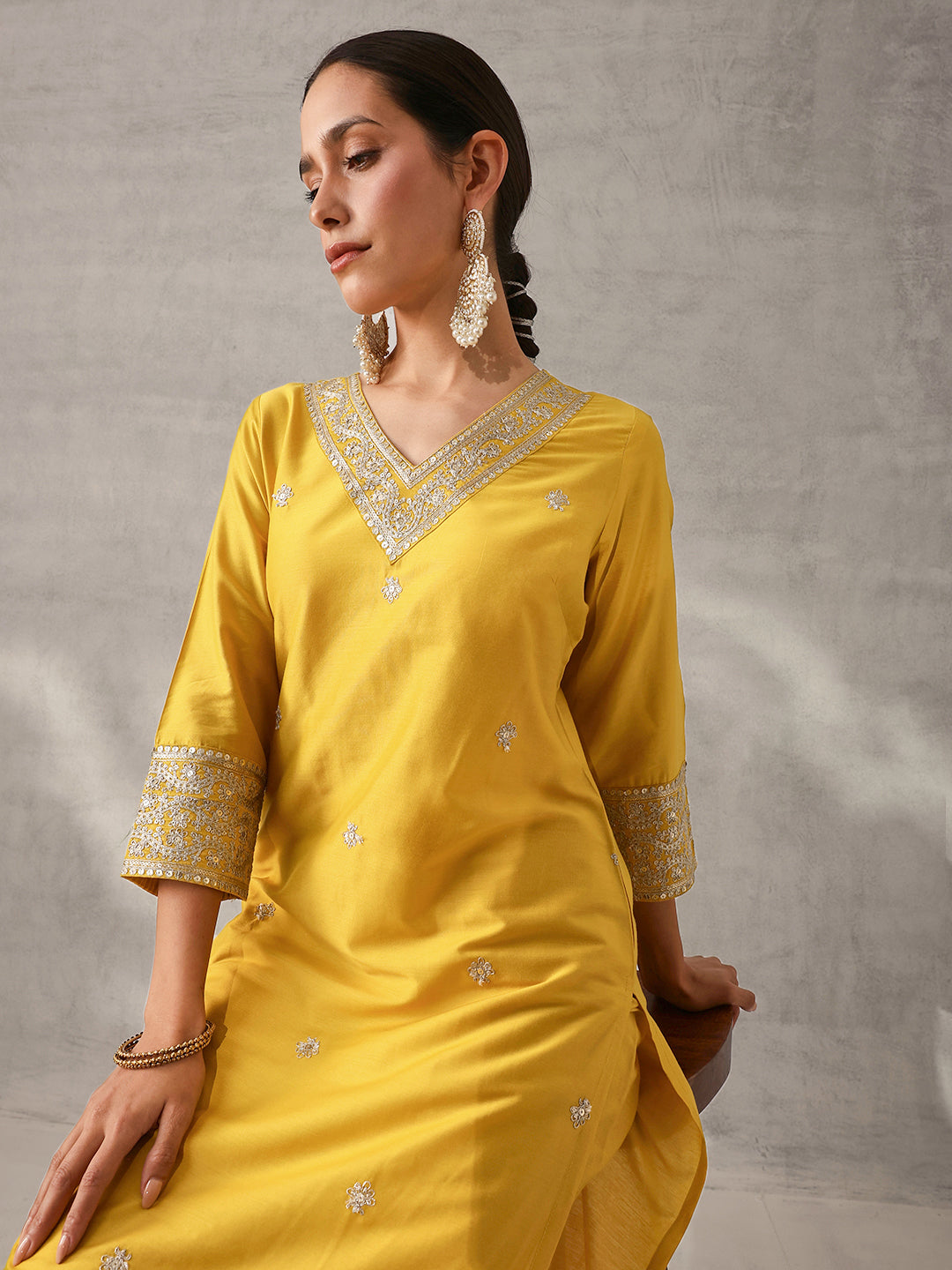 Soft Mustard Polystyrene Zari Embroidered Straight Fit Kurta Set