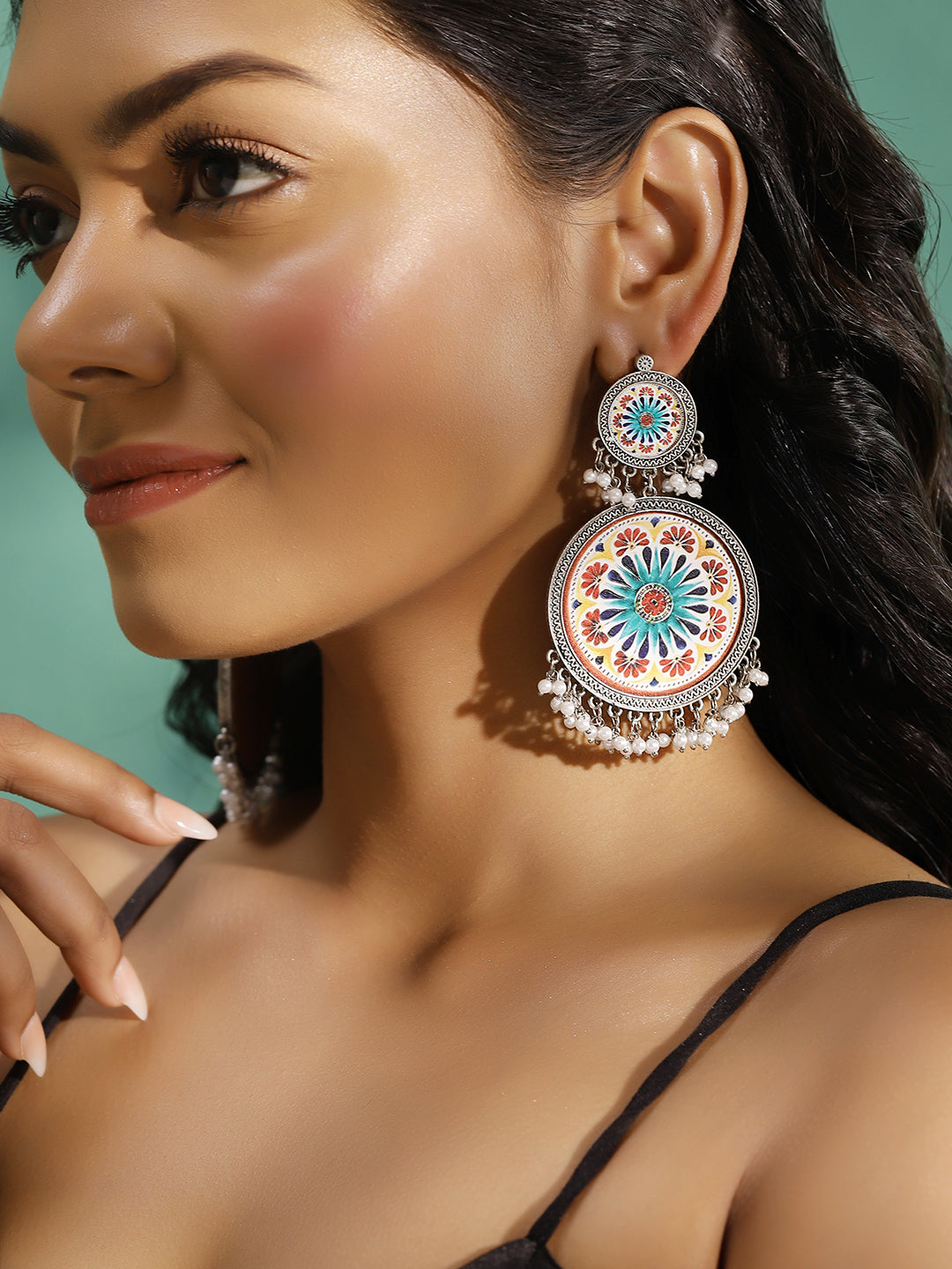 Ishin Multi Colour Silver Plated Pearl Chandbali Earring