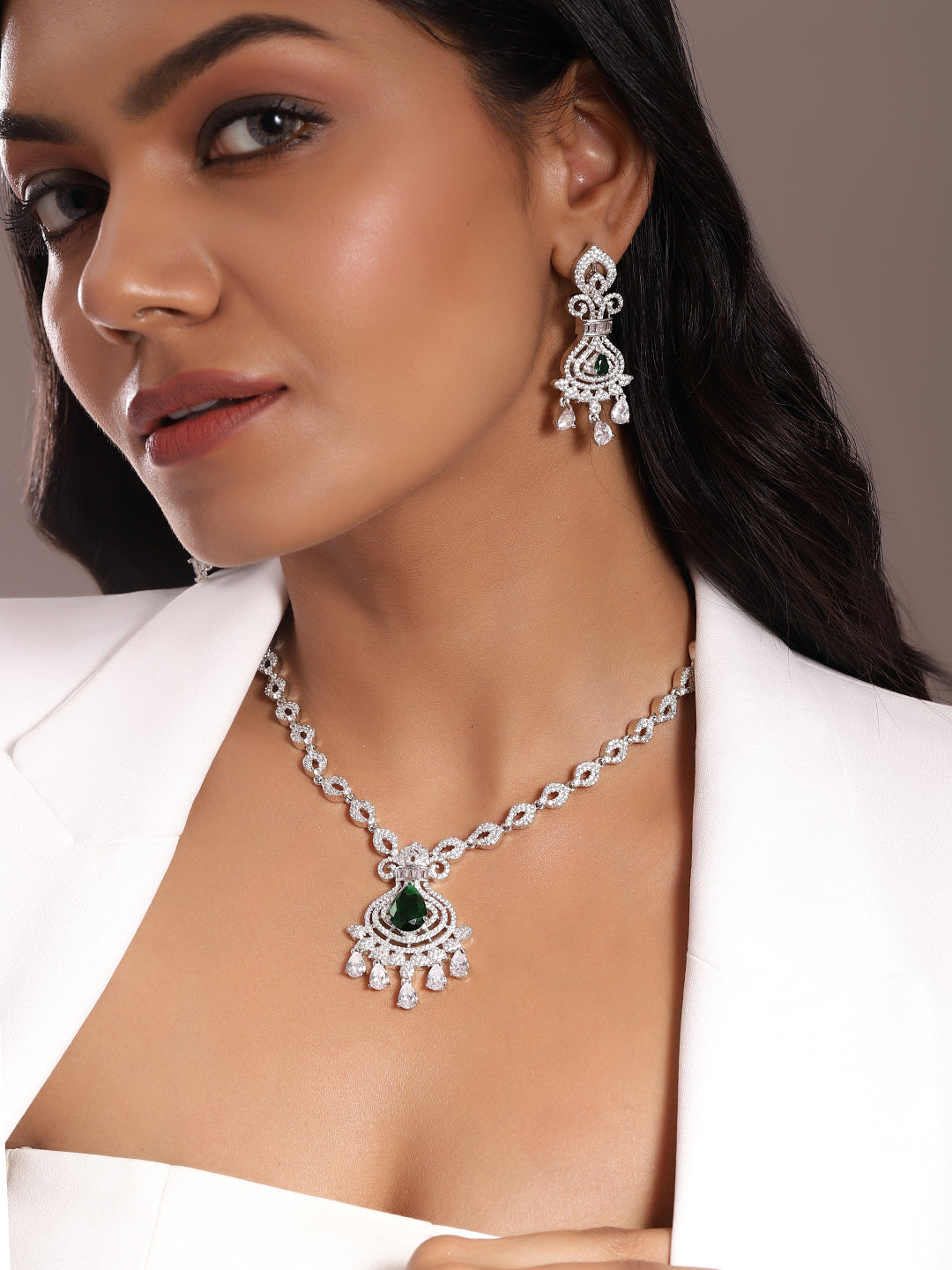 Ishin Green Colour Silver Plated American Diamond Jewellery Set