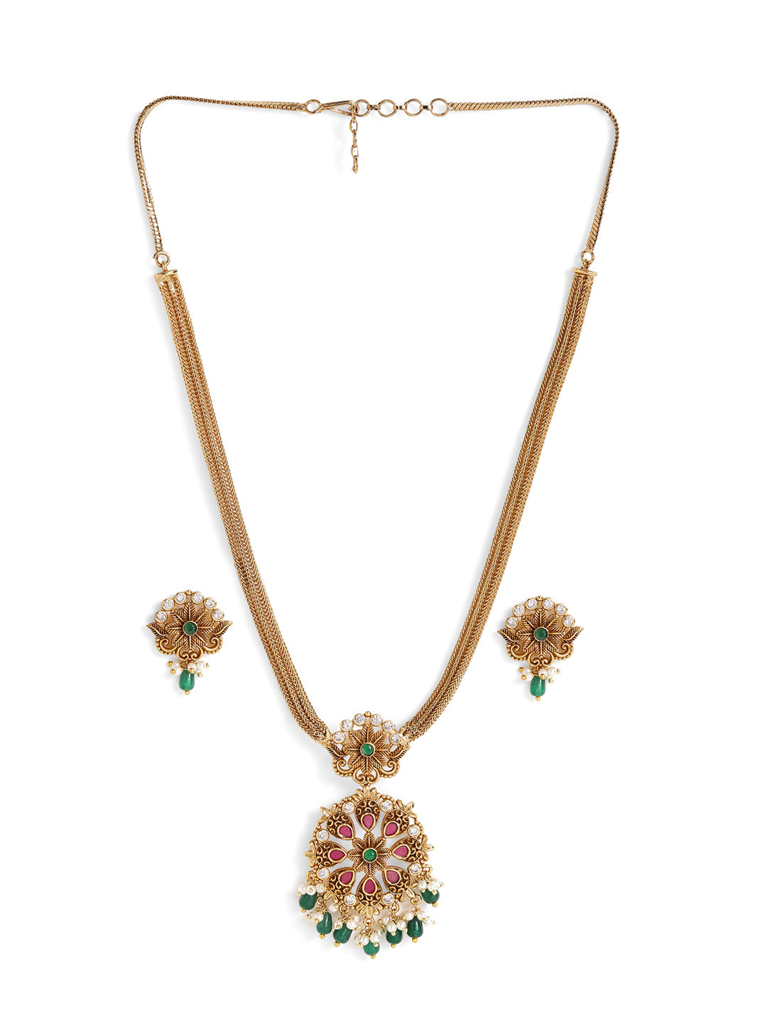 Ishin Floral Style Green Beads Gold Plated necklace Mini Drop Earrings Jewellery Set