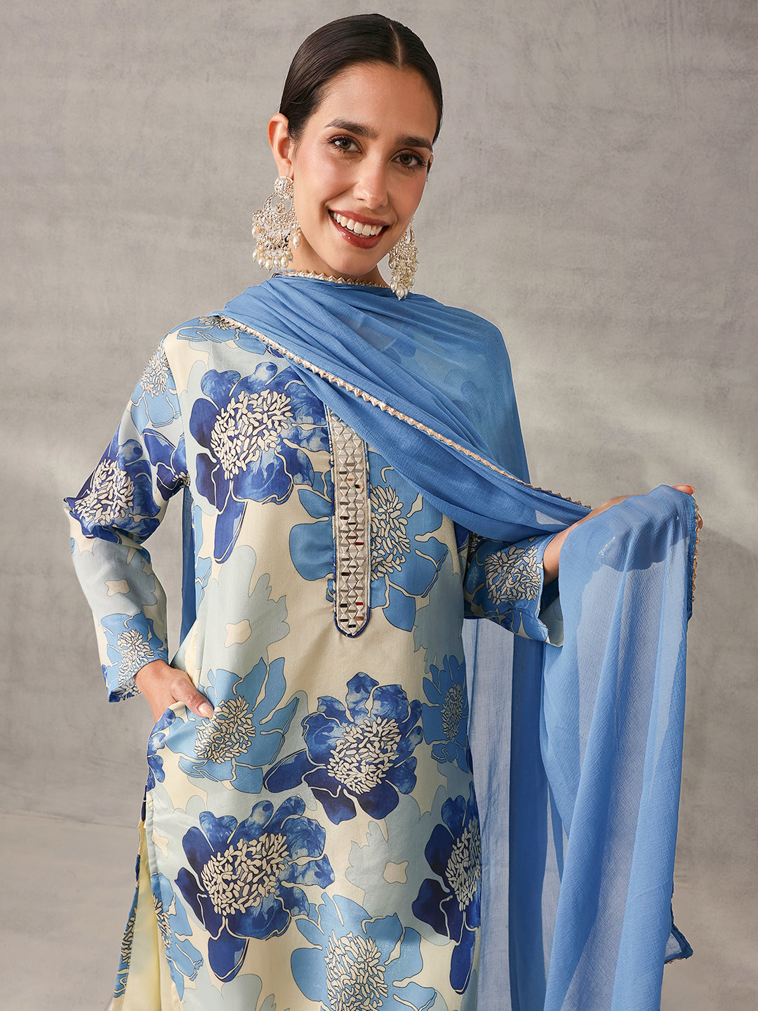 Soft off white Chinon Floral Printed straight fit Kurta Set with Dupatta