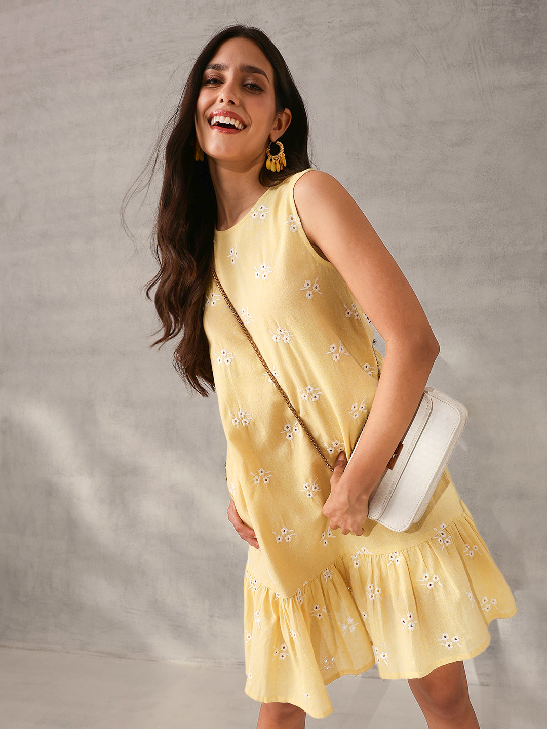 Comfy Yellow Chambray Schiffli Regular Fit Dress