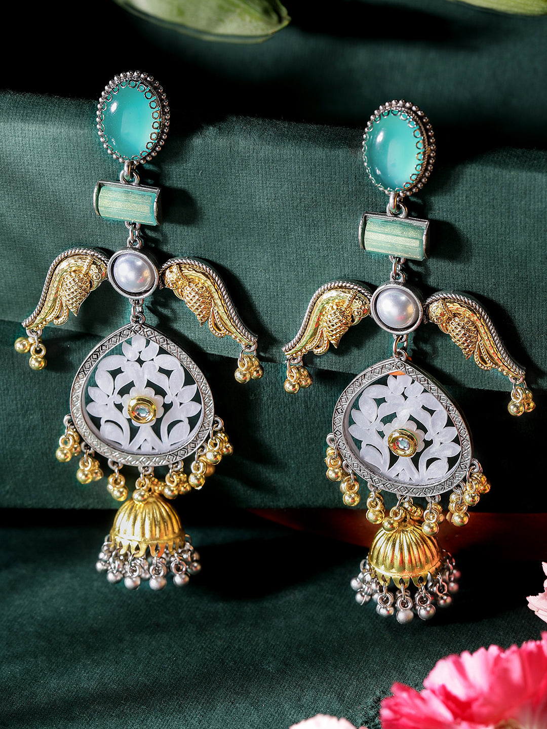 Ishin Mint Colour Silver Plated Jhumka Earring