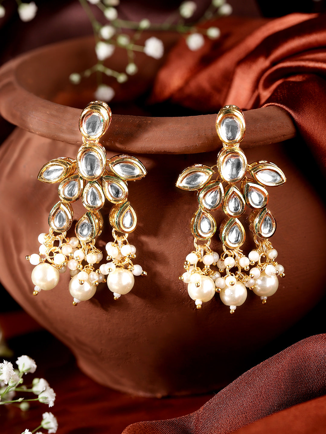 Ishin White Colour Gold plated Kundan Drop Earring