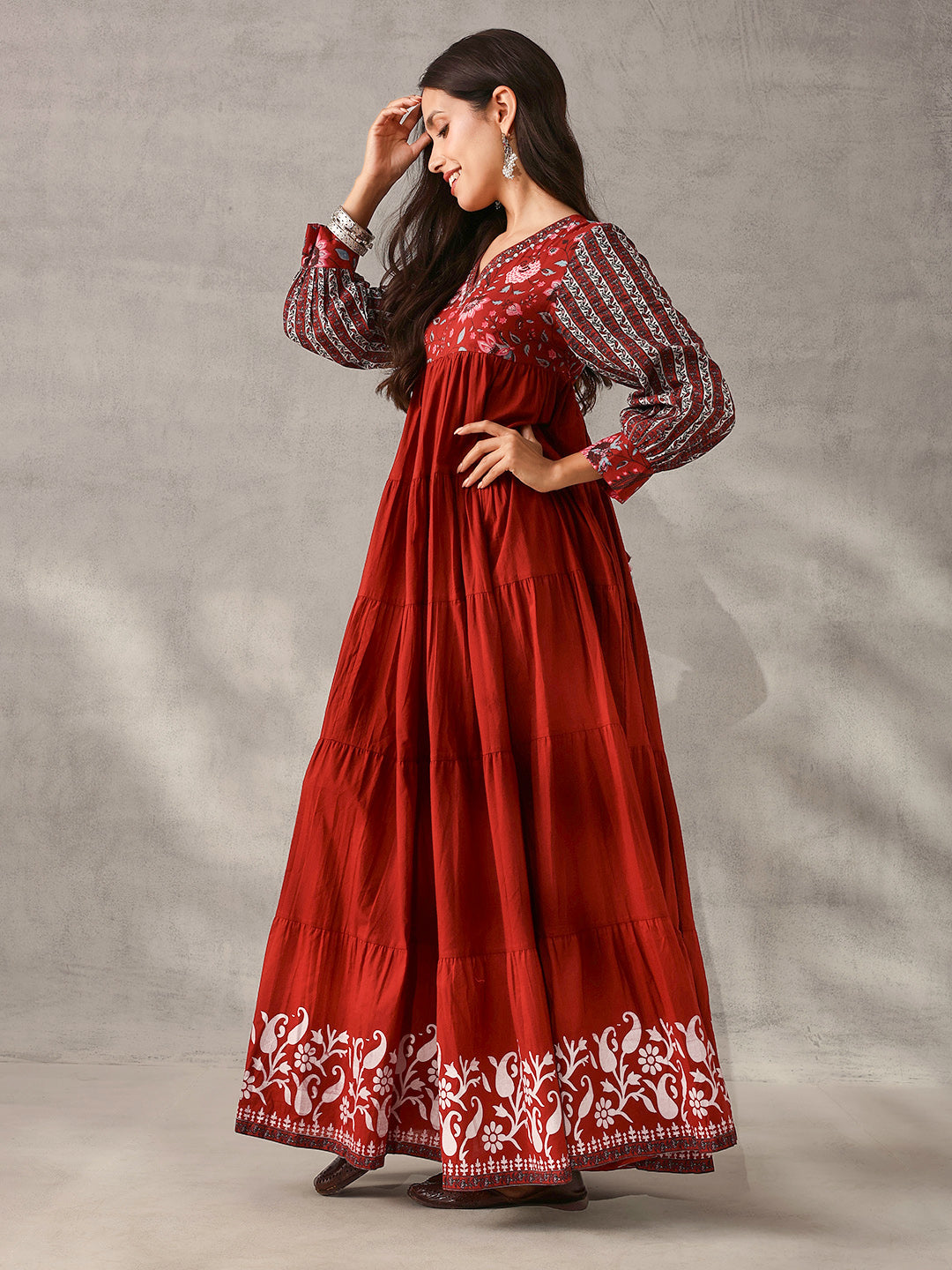 Graceful mustard Cotton Floral Printed Tiered fit Gown 