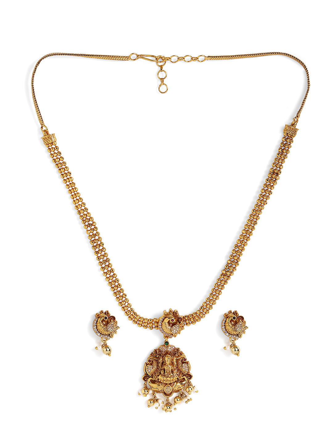 Ishin Goddess Lakshmi Pattern Gold Plated Necklace Drop Shaped Earrrings Jewellery Set