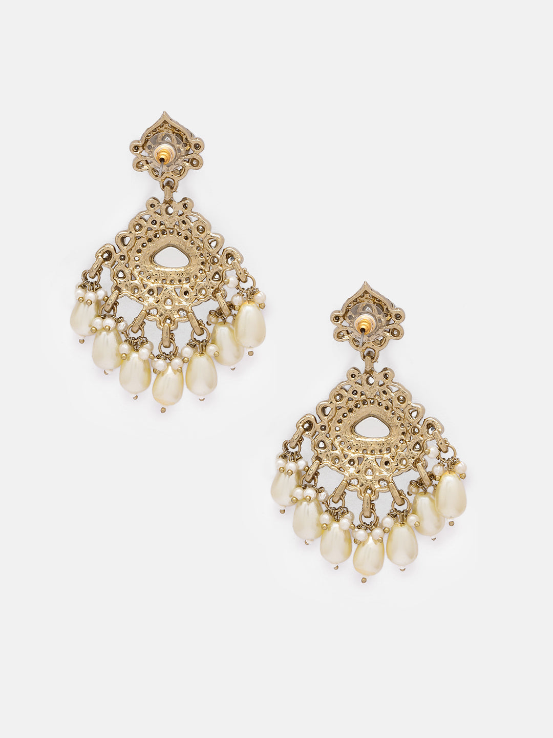 Ishin Gold Plated Kundan Ivory Pearls Floral Drop Earrrings