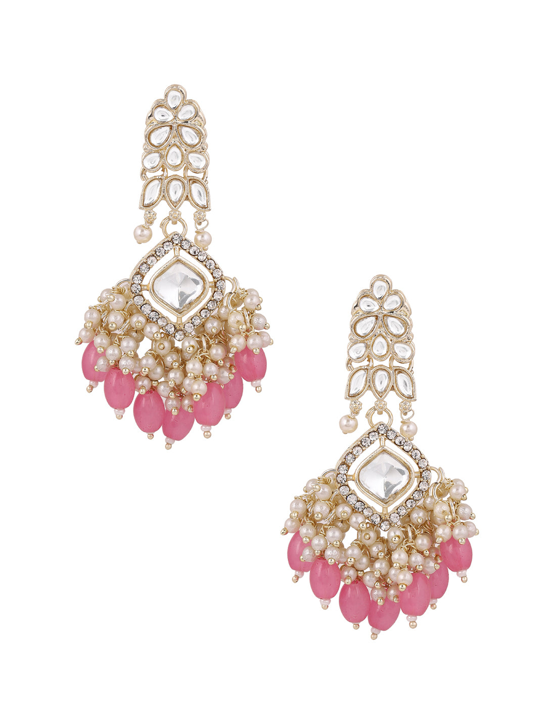 Ishin Geometric Elegance Kundan Gold Plated Pearl Pink Beads Drop Earrings