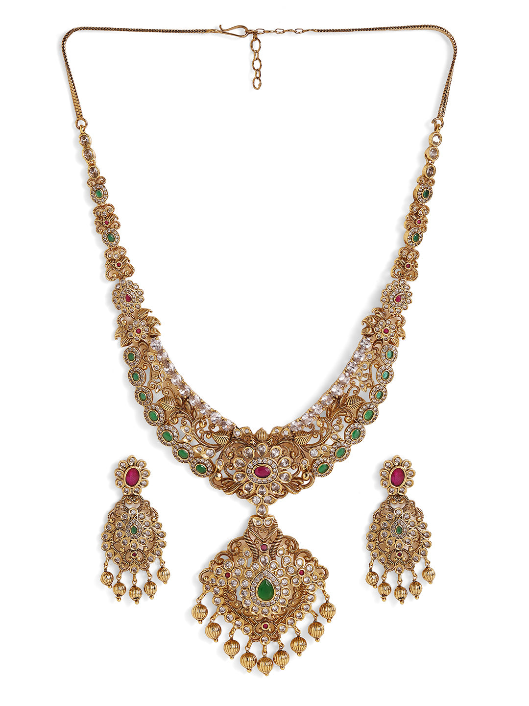 Ishin Goddess Style Gold Plated Necklace Floral style Drop earrings Jewellery Set