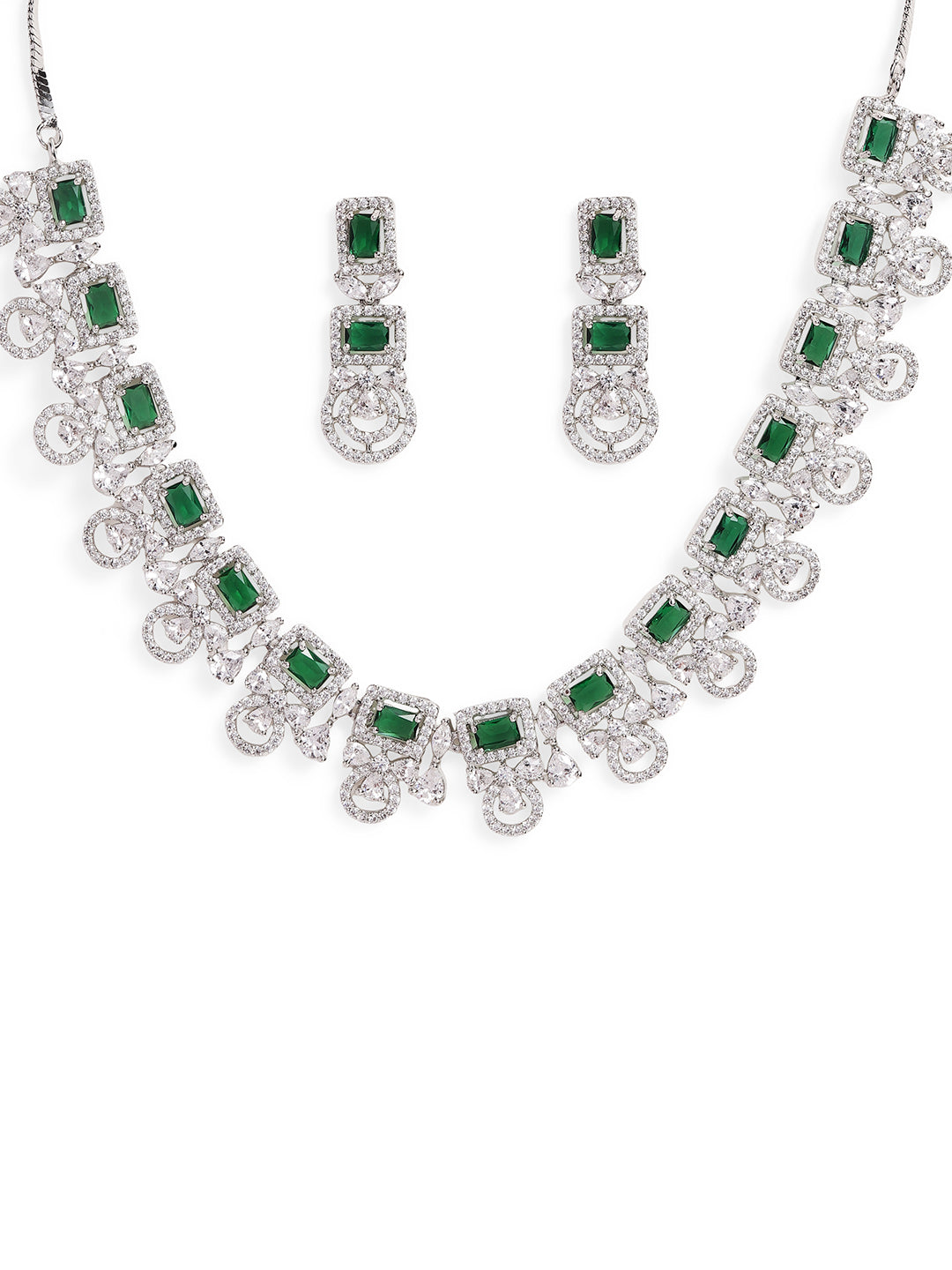 Ishin Green Colour Silver Plated American Diamond Jewellery Set