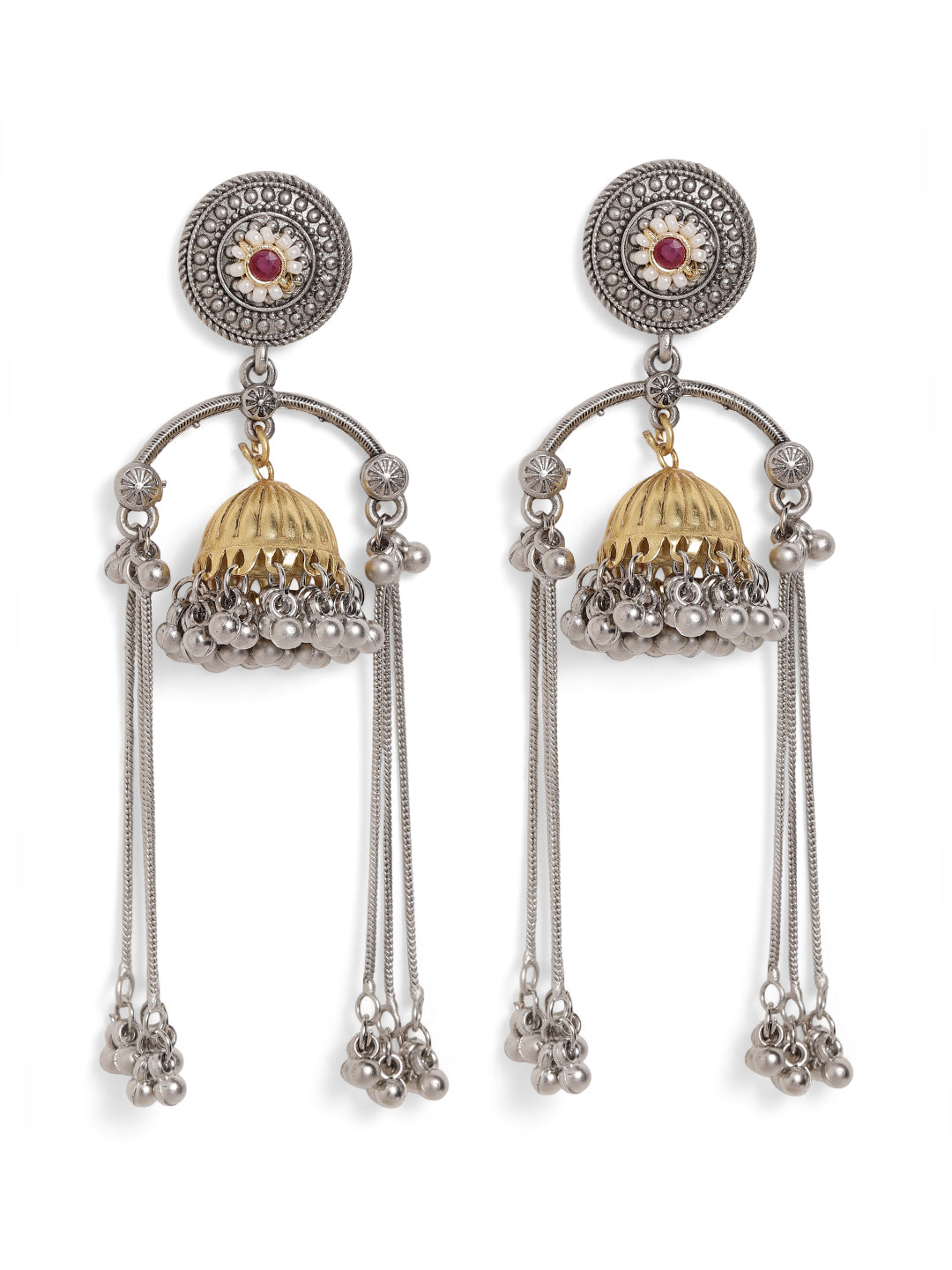 Ishin Pink Colour Silver Plated Jhumka Earring