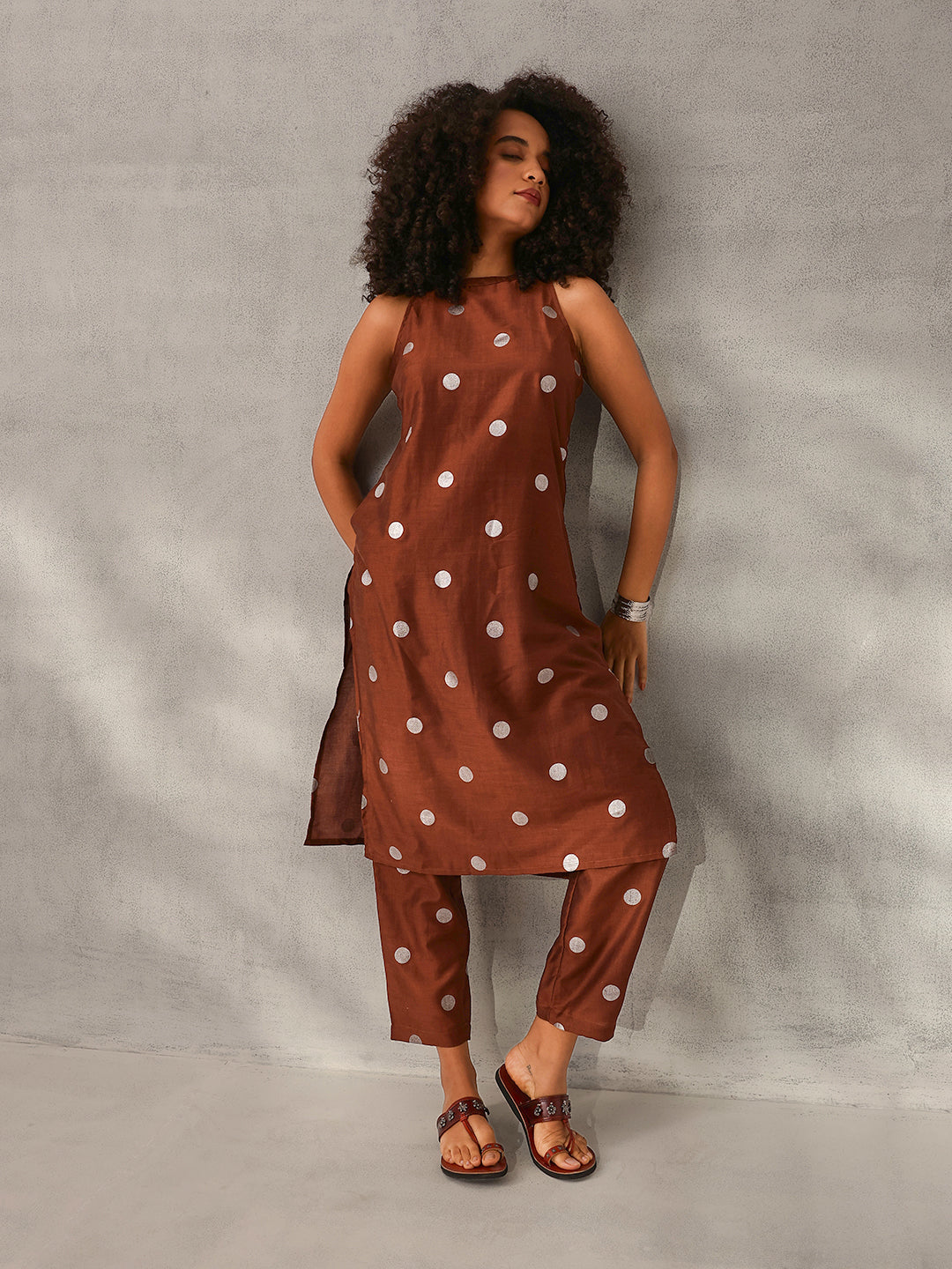 Soft Brown Chinon Foil Printed Straight Fit Kurta Set