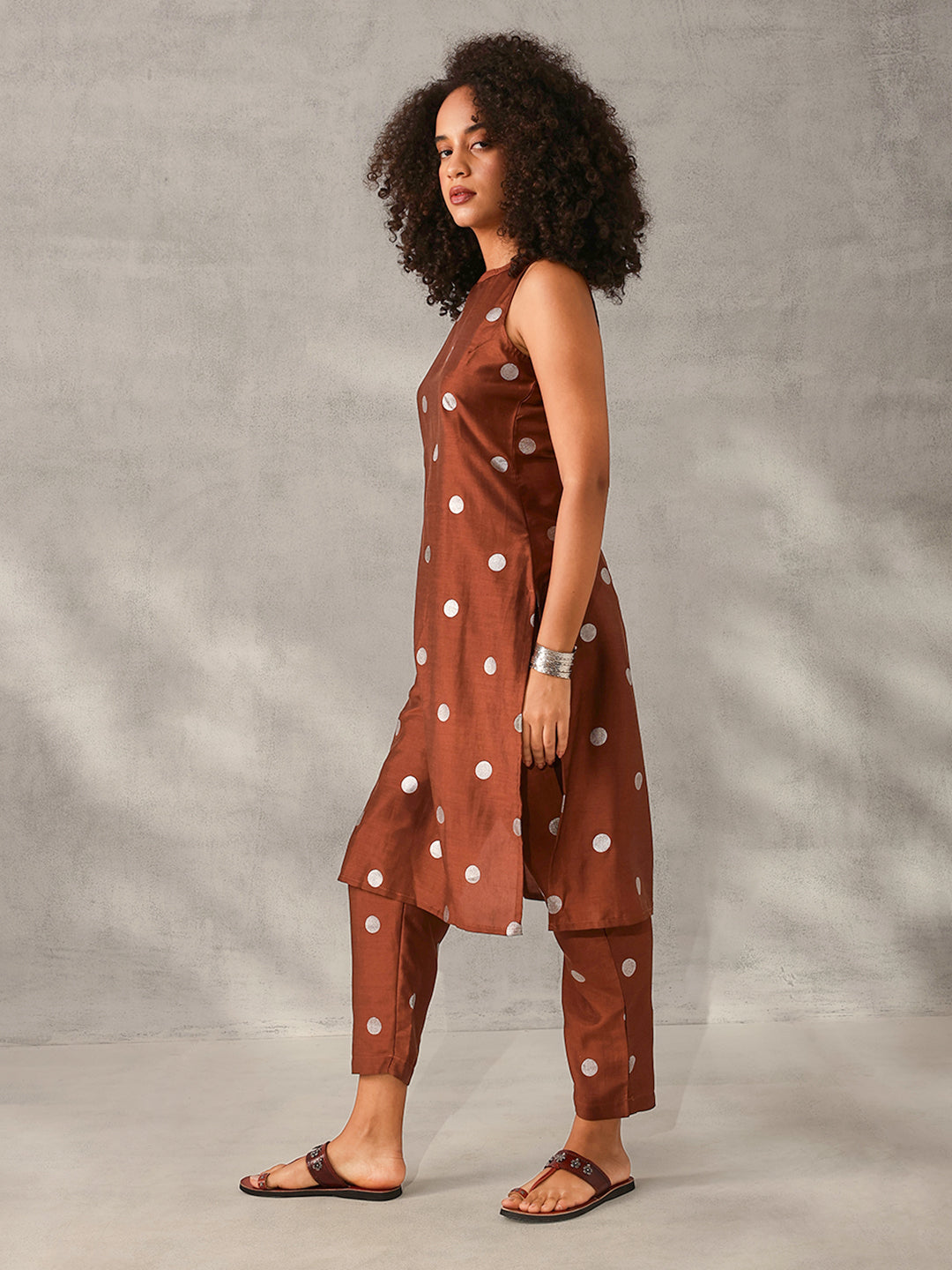 Soft Brown Chinon Foil Printed Straight Fit Kurta Set