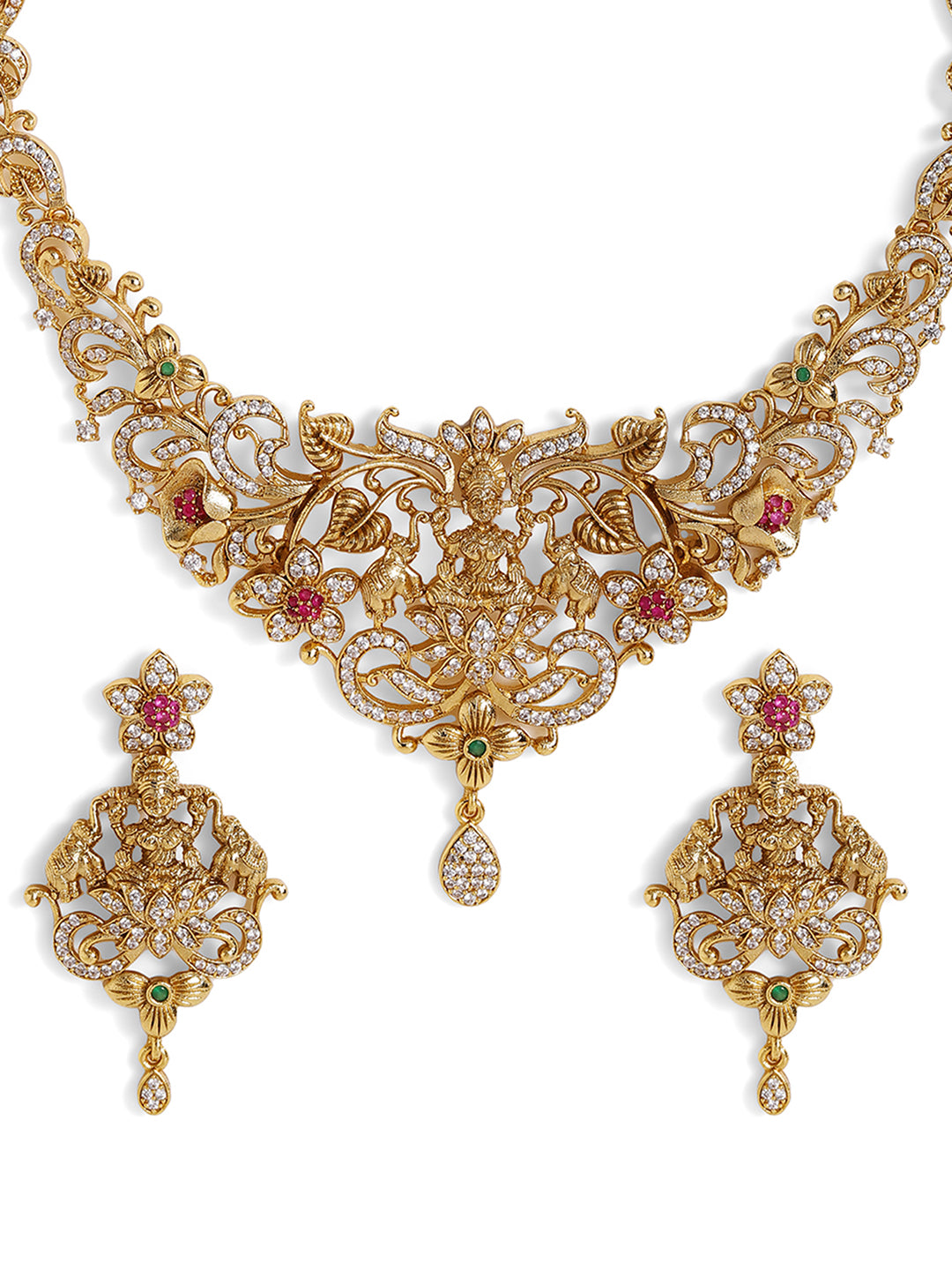 Ishin AD Elegance Gold Plated Floral Embrace Necklace and drop earrings Jewellery Set