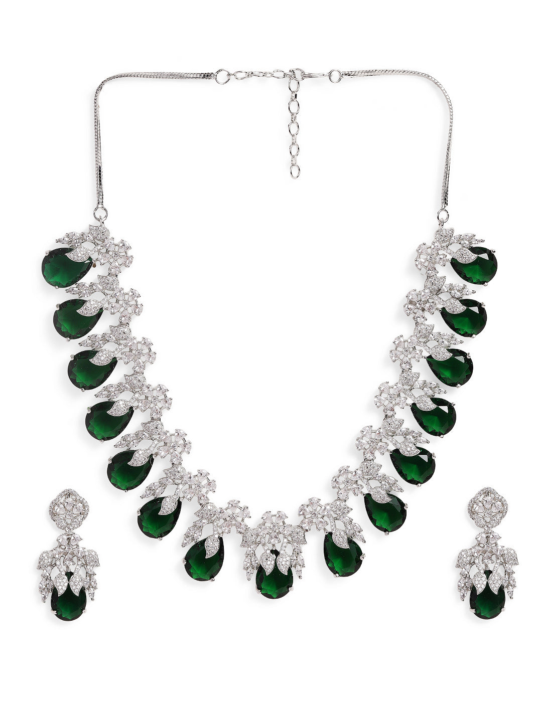 Ishin Green Colour Silver Plated American Diamond Drop Earring