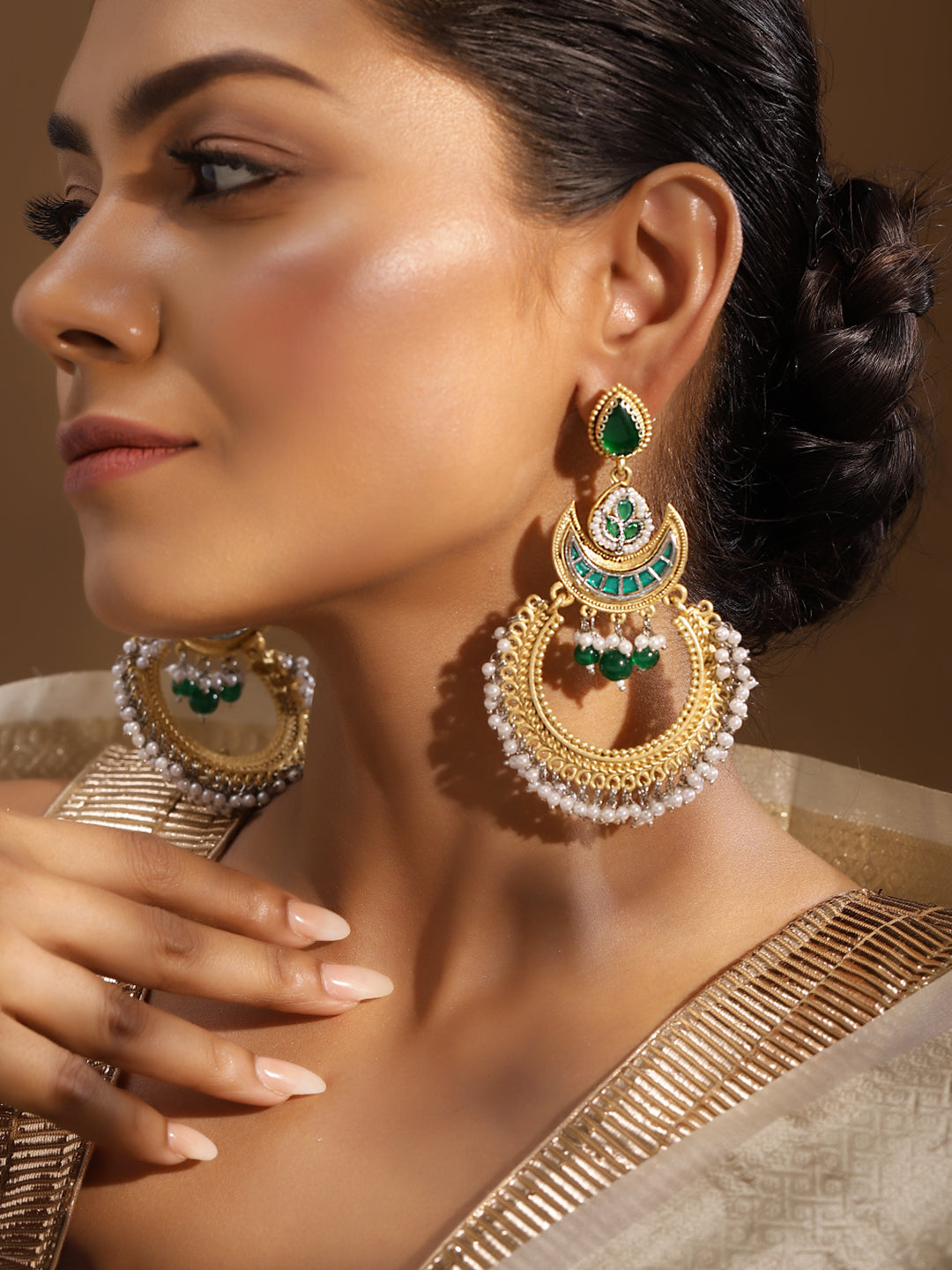 Ishin Green Colour Gold Plated Chandbali Earring