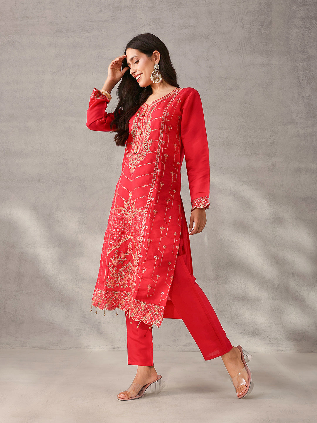 Soft Pink Roman Silk Embroidered Straight Fit Kurta Set with Dupatta