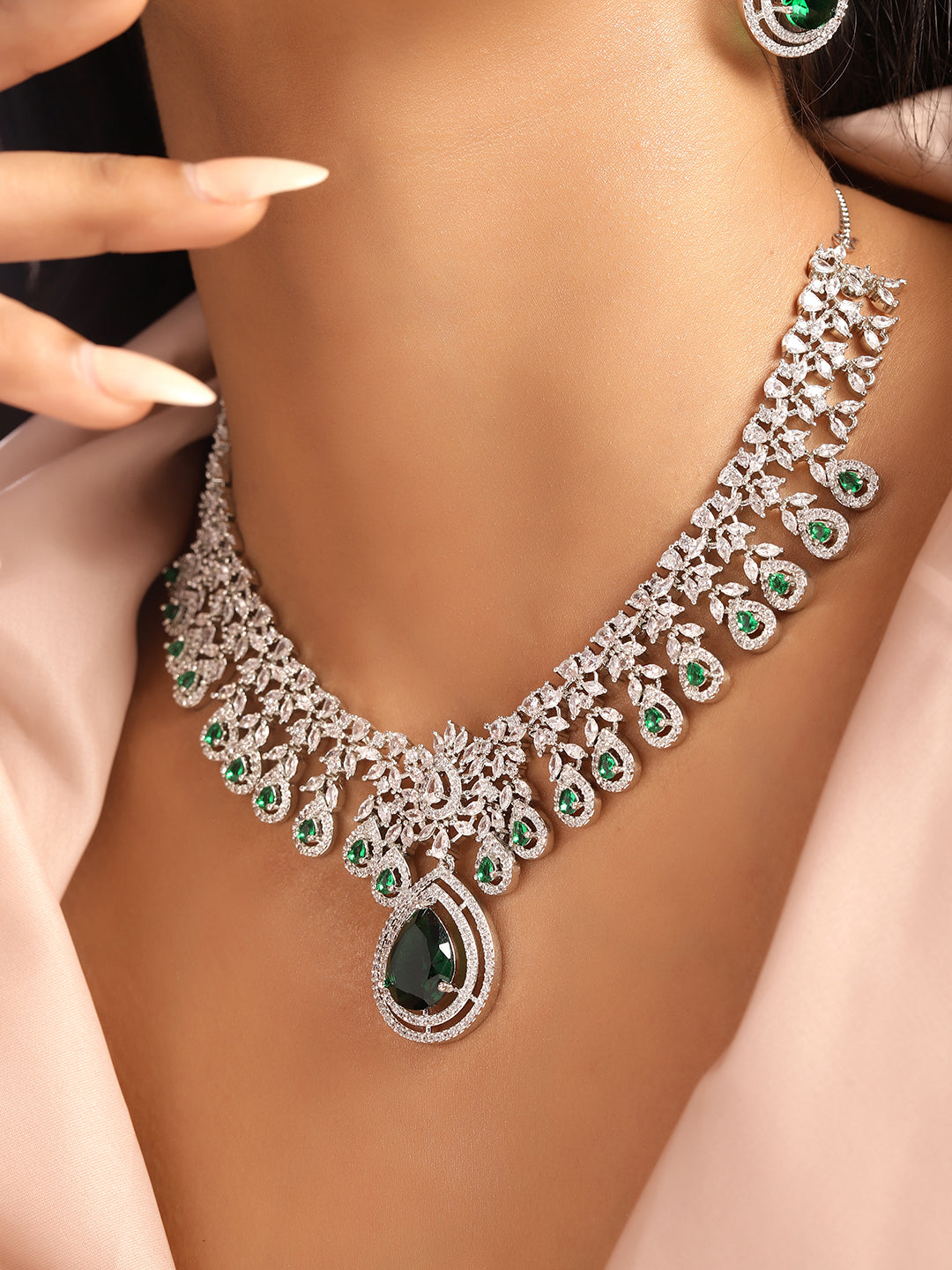 Ishin Green Colour Silver Plated American Diamond Jewellery Set