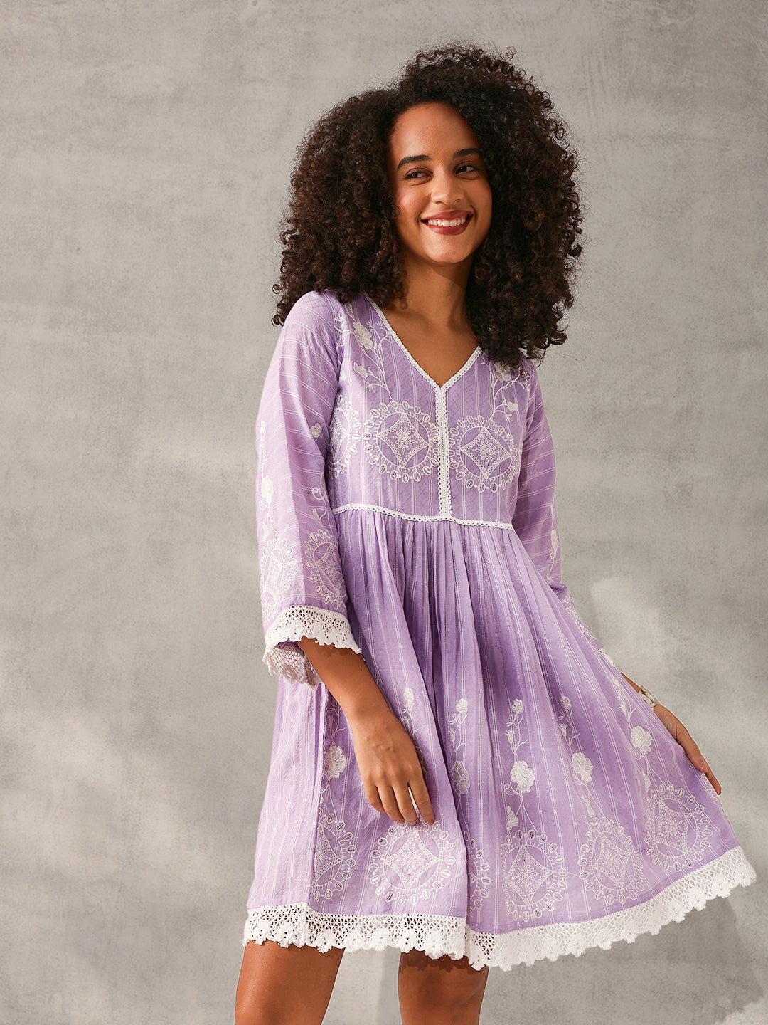 Comfy Lavender Cotton Embroidered Fit & Flare Dress