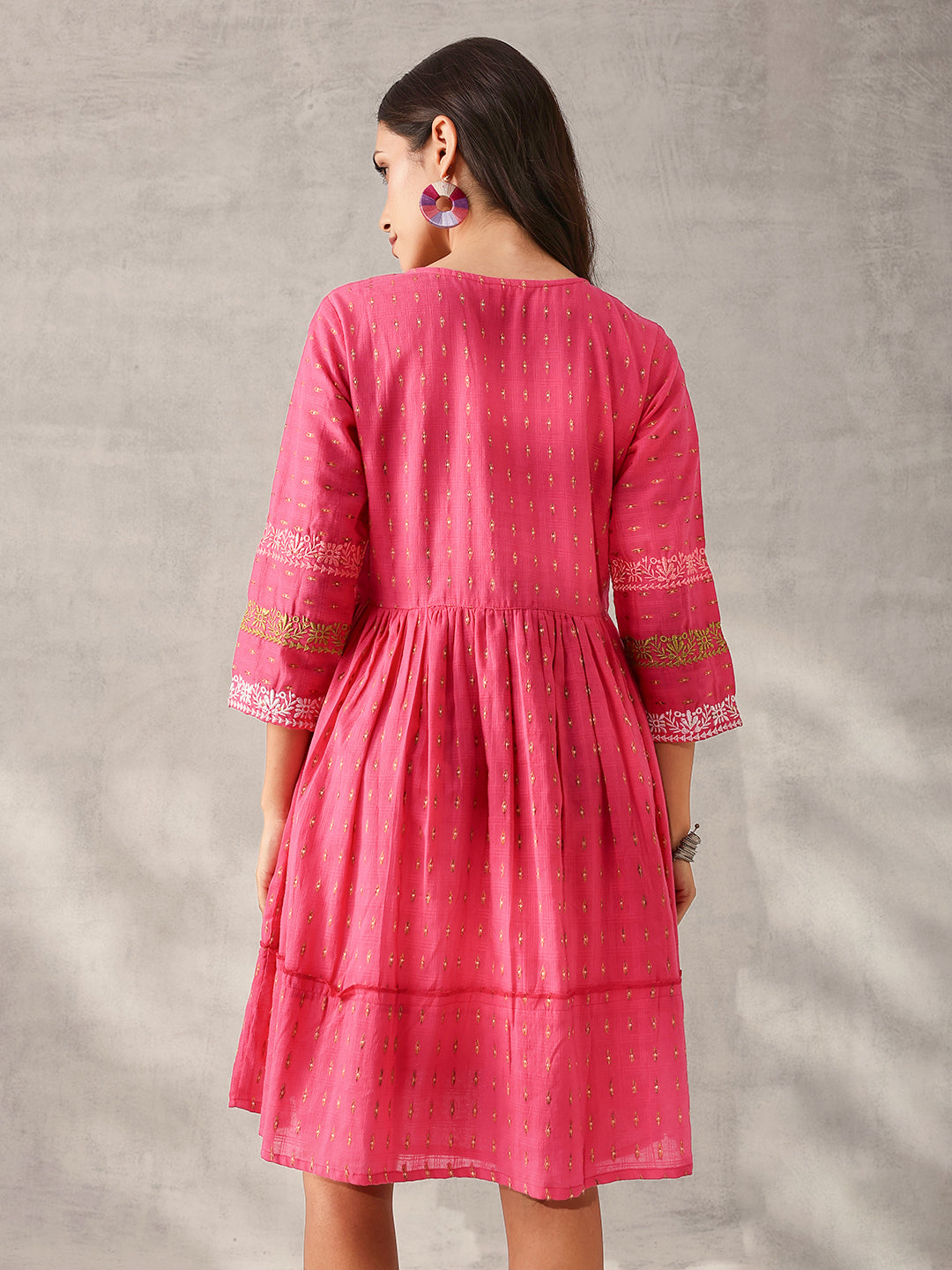 Comfy pink Cotton Dobby Embroidered Regular Fit Dress