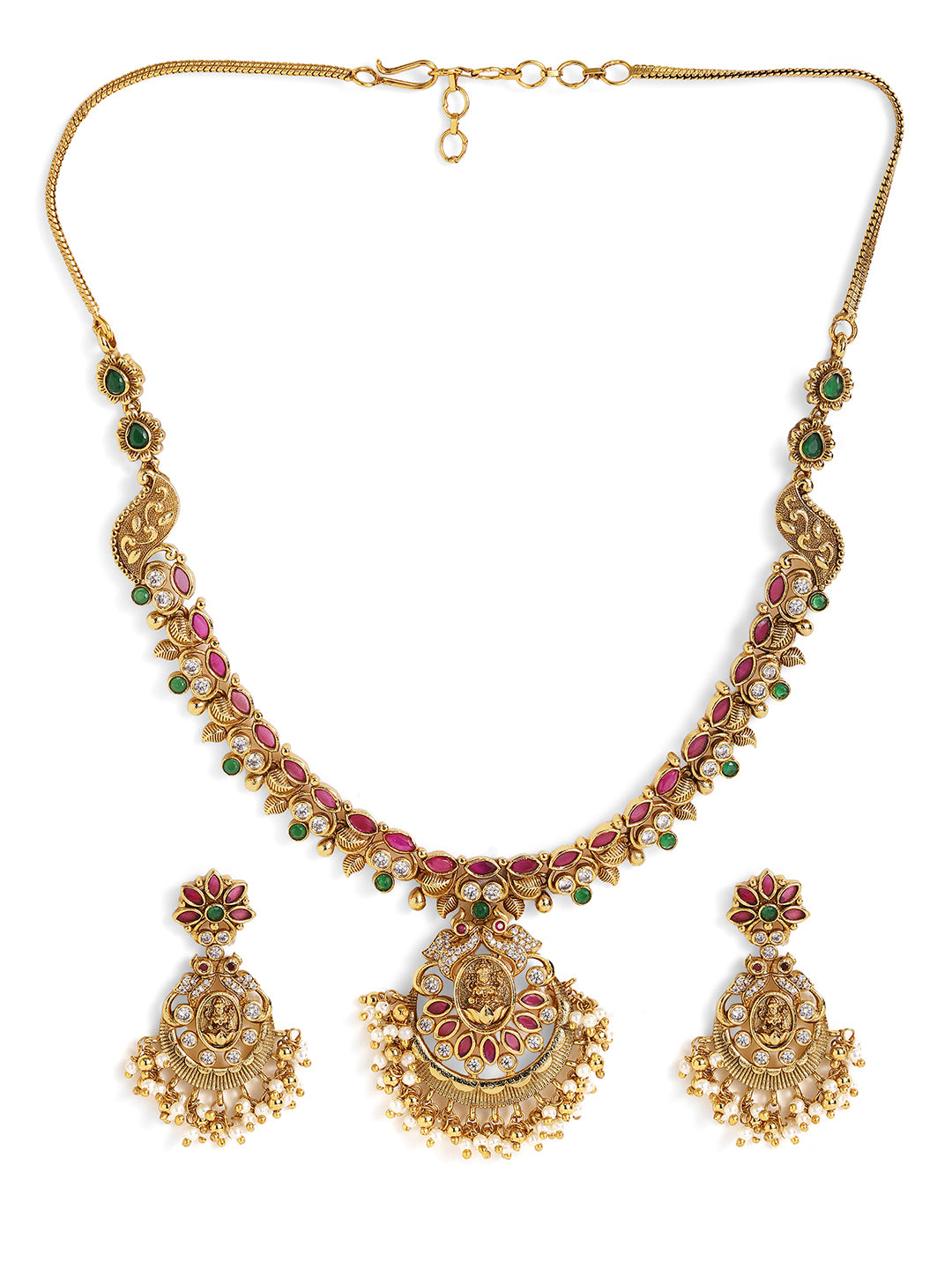 Ishin Goddess Elegance Mint Stoned Gold Plated Necklace and Stud Earrings Jewellery Set
