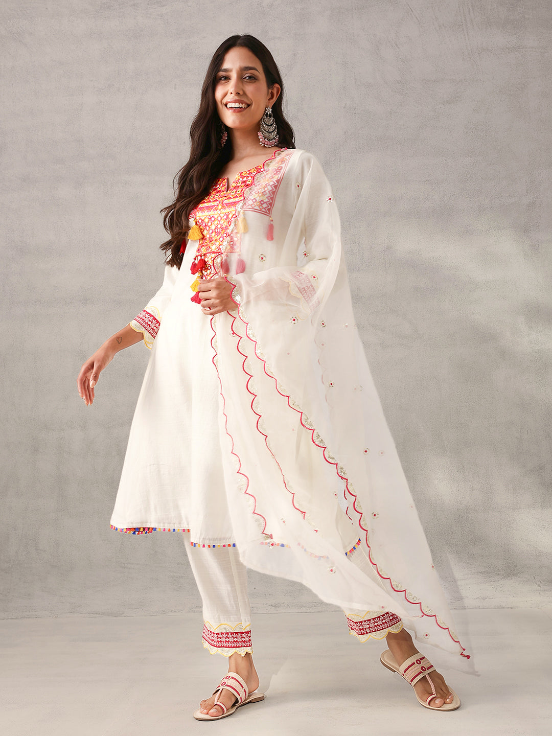 Soft White Viscose Silk Embroidered Straight Fit Kurta Set with Dupatta
