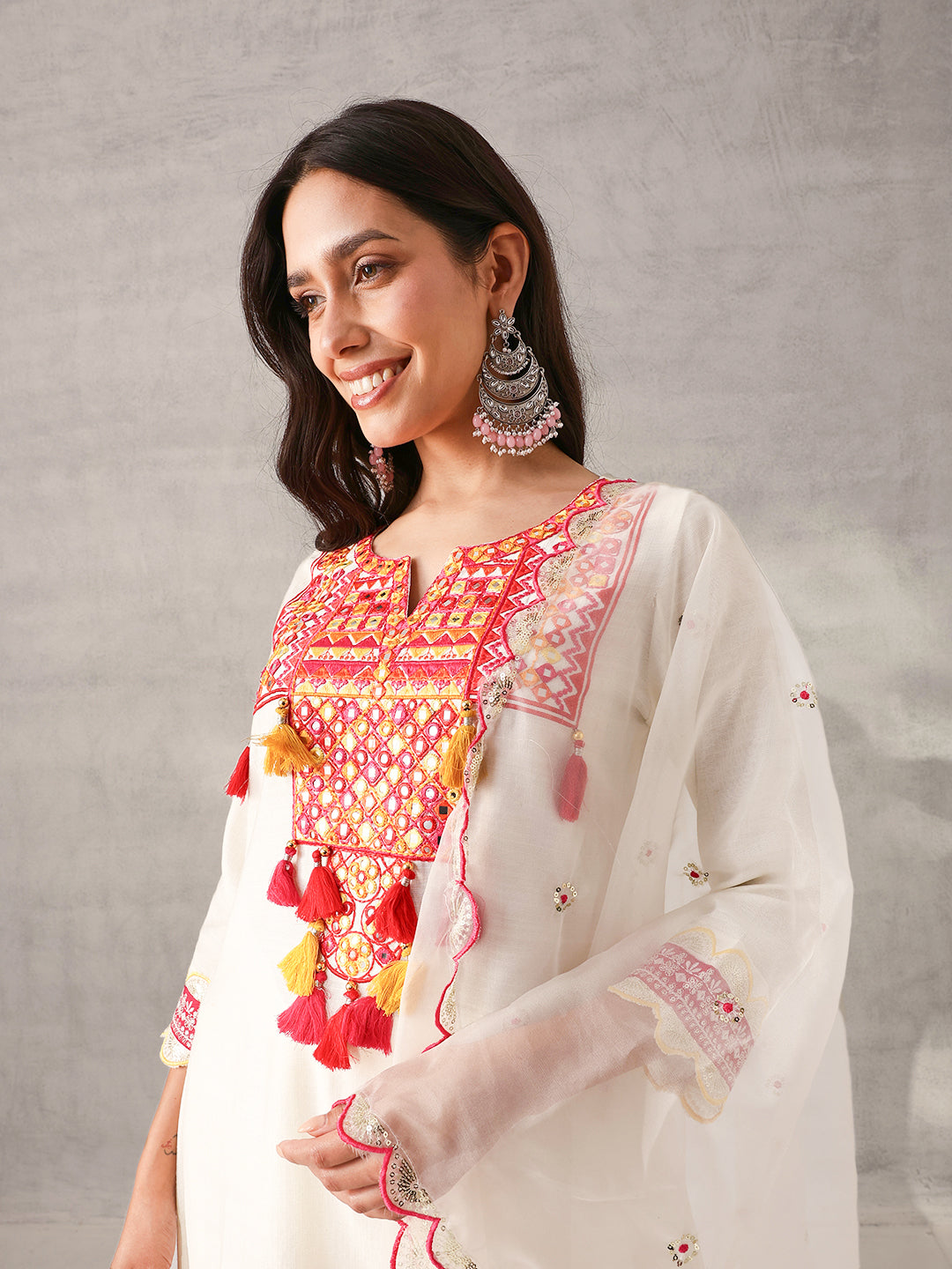 Soft White Viscose Silk Embroidered Straight Fit Kurta Set with Dupatta