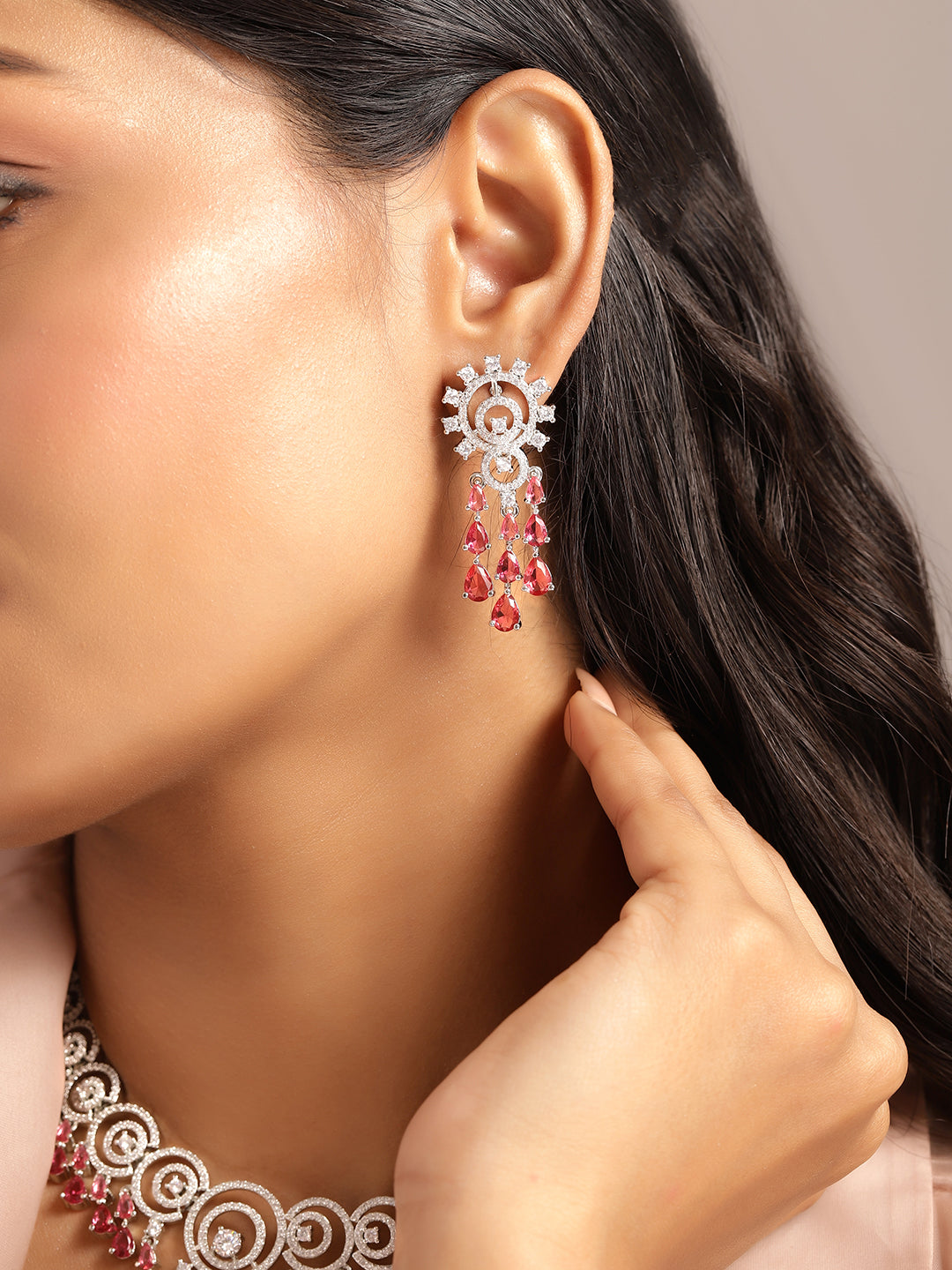Ishin Pink Colour Silver Plated American Diamond Jewellery Set