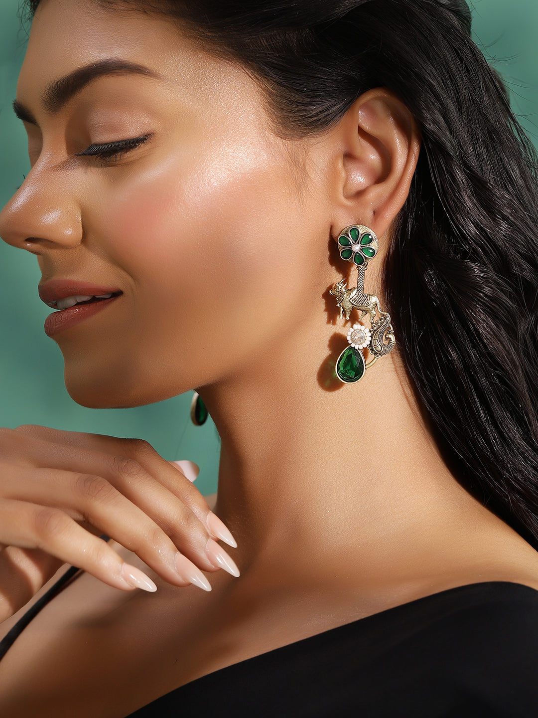 Ishin Green Colour Silver Plated Emerald Drop Earring