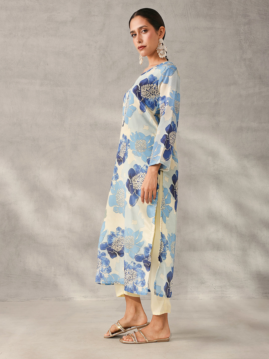 Soft off white Chinon Floral Printed straight fit Kurta Set with Dupatta