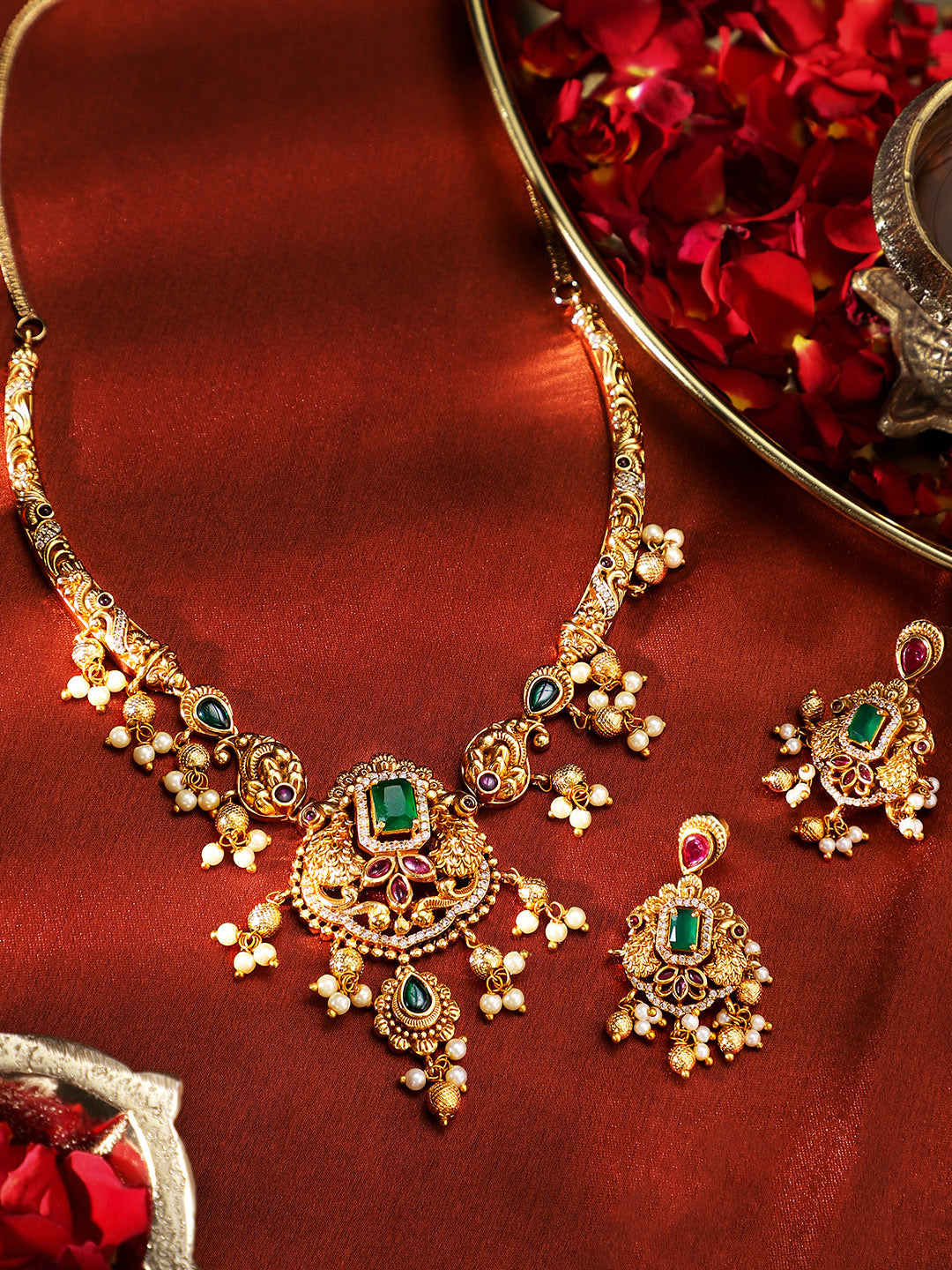 Ishin Goddess Floral Style AD Gold Plated Choker Necklace and Drop Earrings Jewellery Set