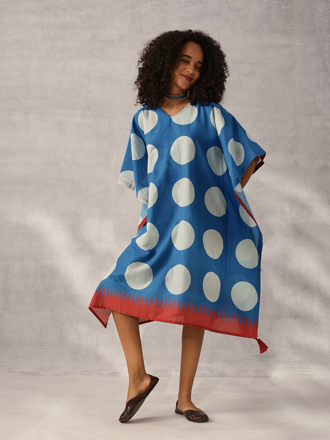 Comfy Indigo Cotton Printed Kaftan with tassels
