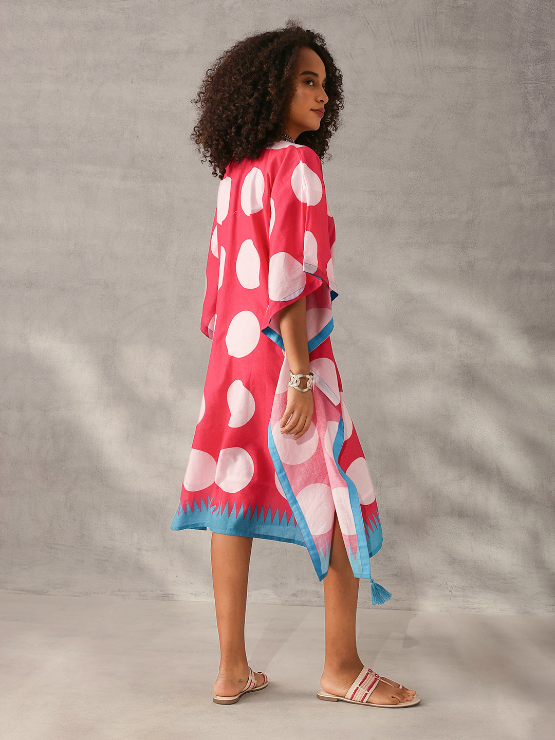 Comfy Pink Cotton Printed Kaftan with tassels
