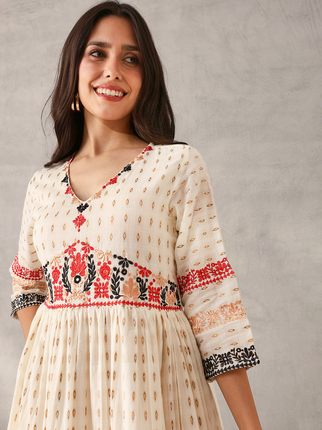Comfy Cream Cotton Dobby Embroidered Regular Fit Dress