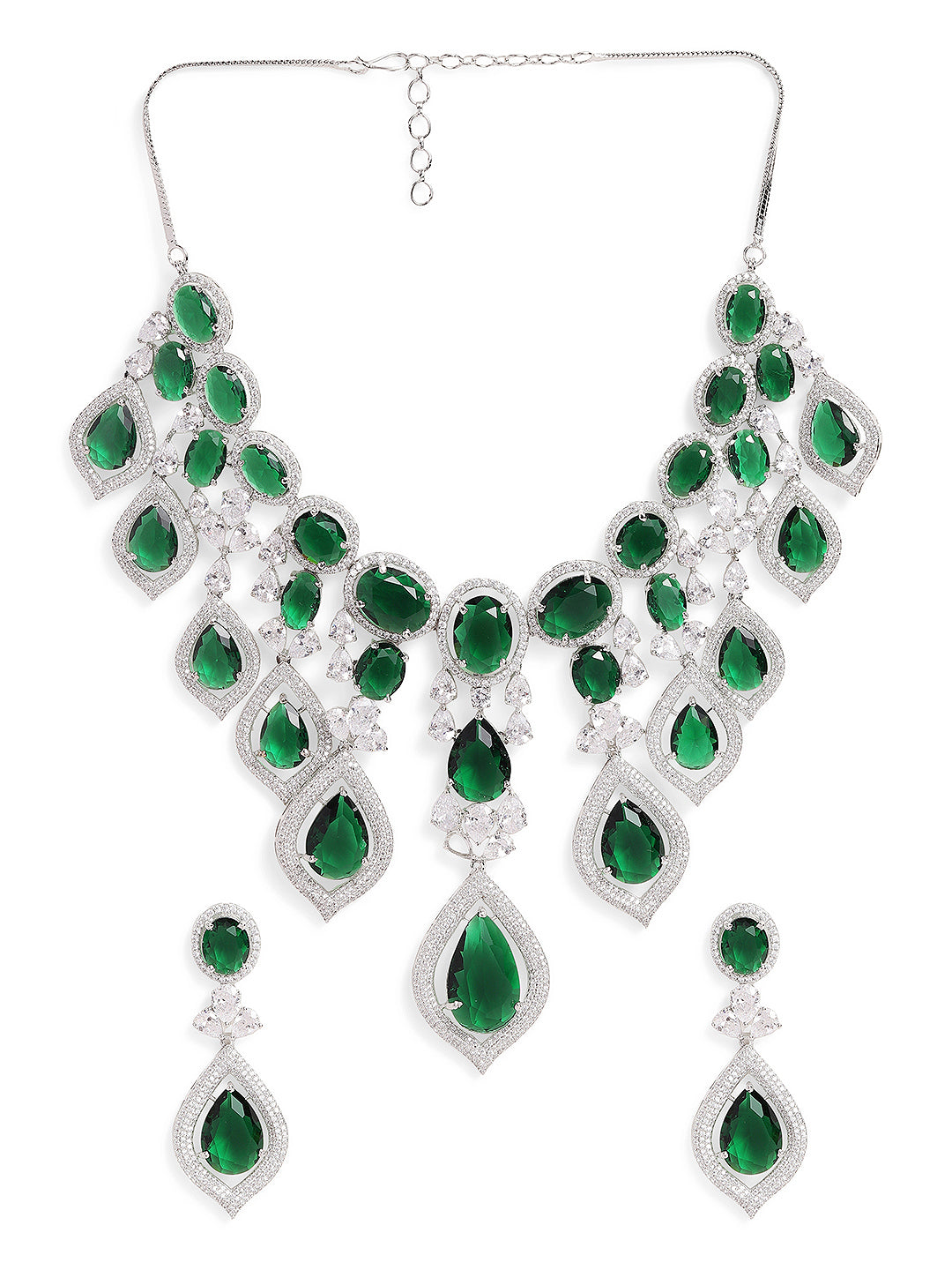 Ishin Green Colour Silver plated American Diamond Jewellery set