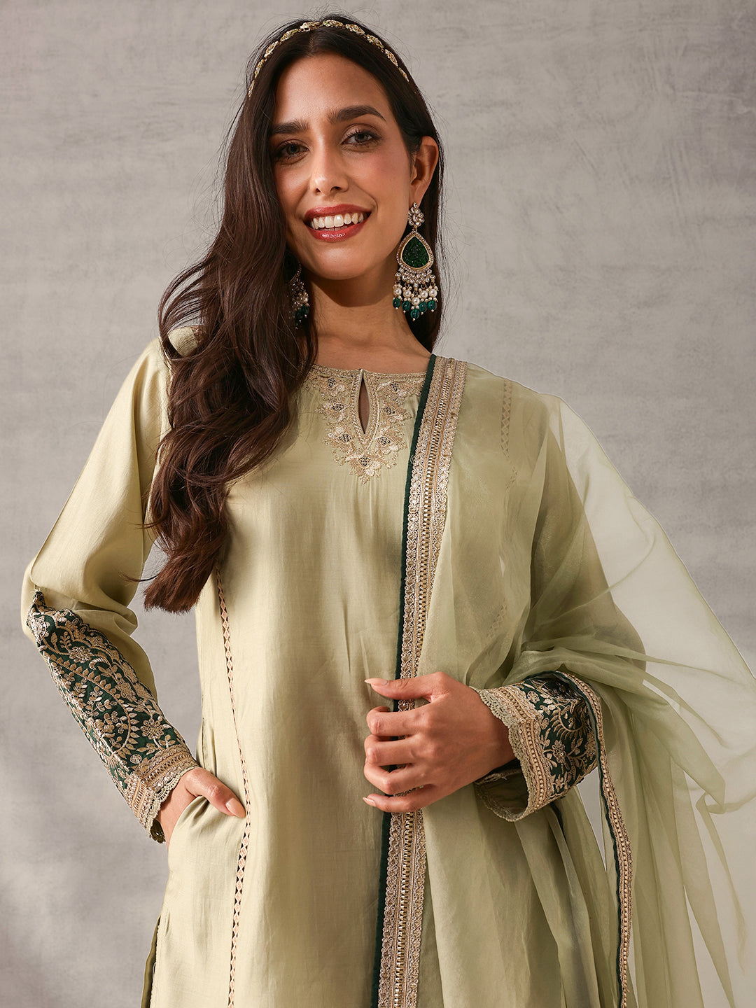 Rich Mint Green Roman Silk Zari Embroidered Straight Fit Kurta Set with Dupatta