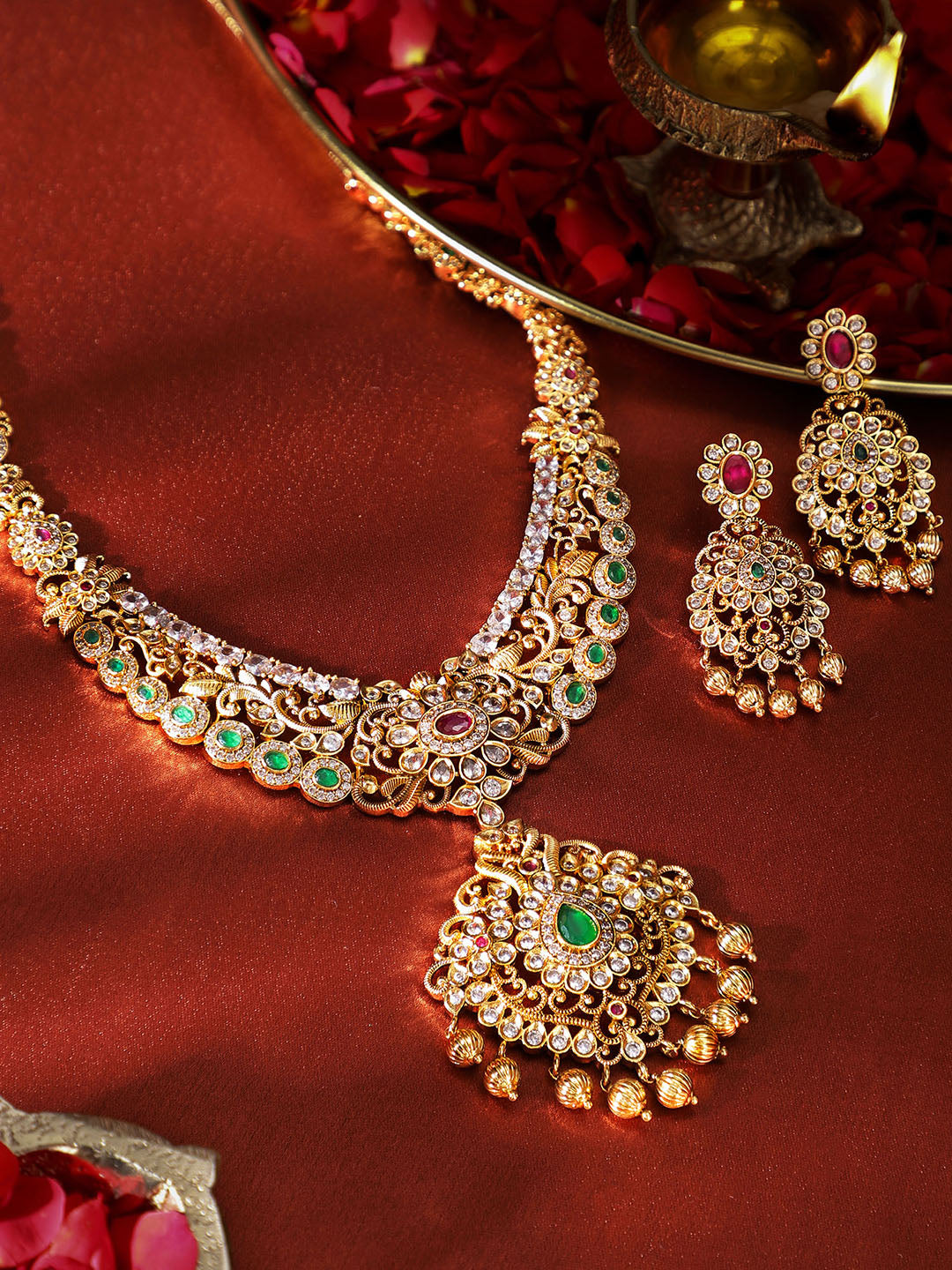 Ishin Goddess Style Gold Plated Necklace Floral style Drop earrings Jewellery Set
