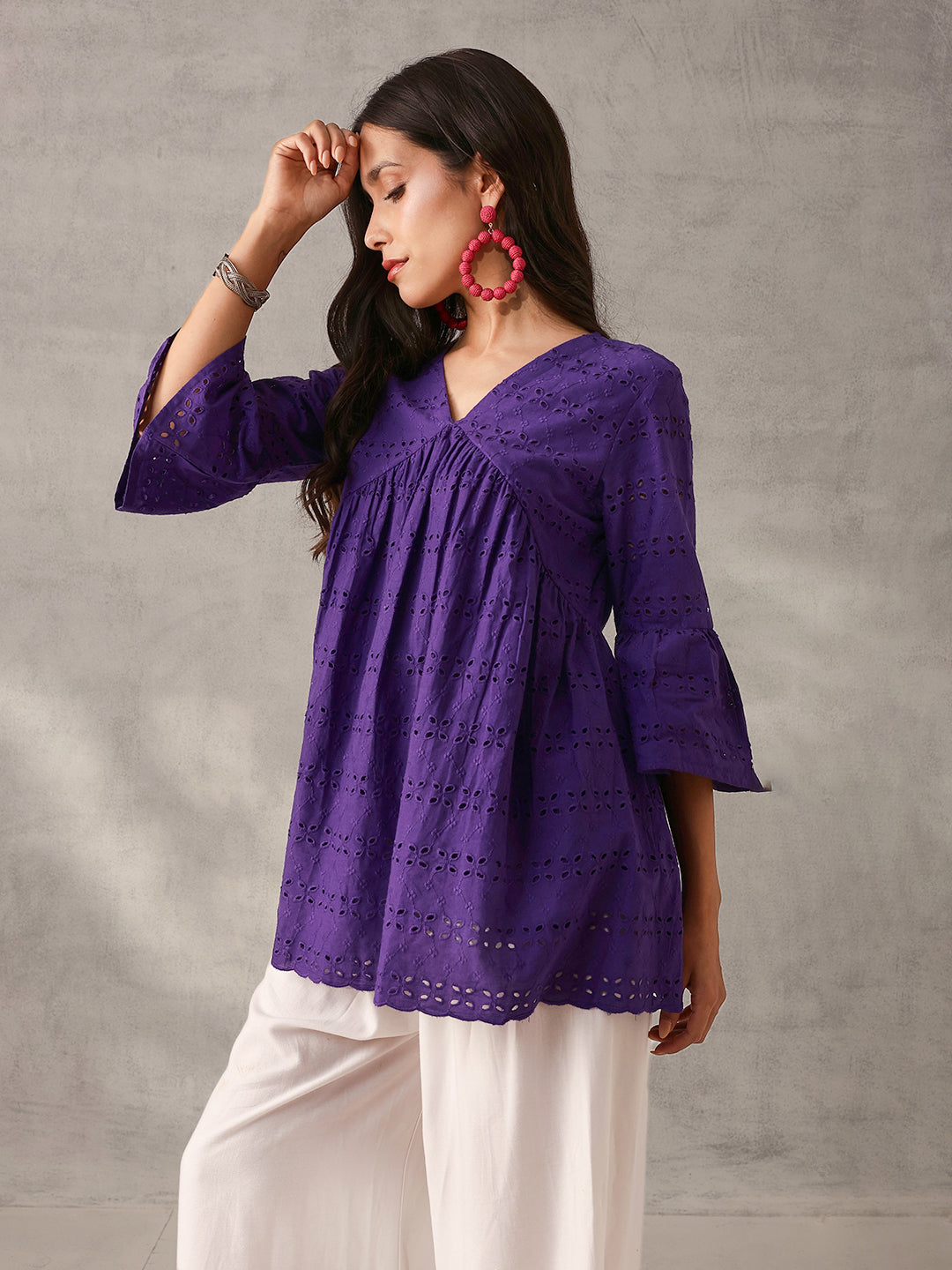 Comfy Purple Cotton Schiffli Regular Fit Top