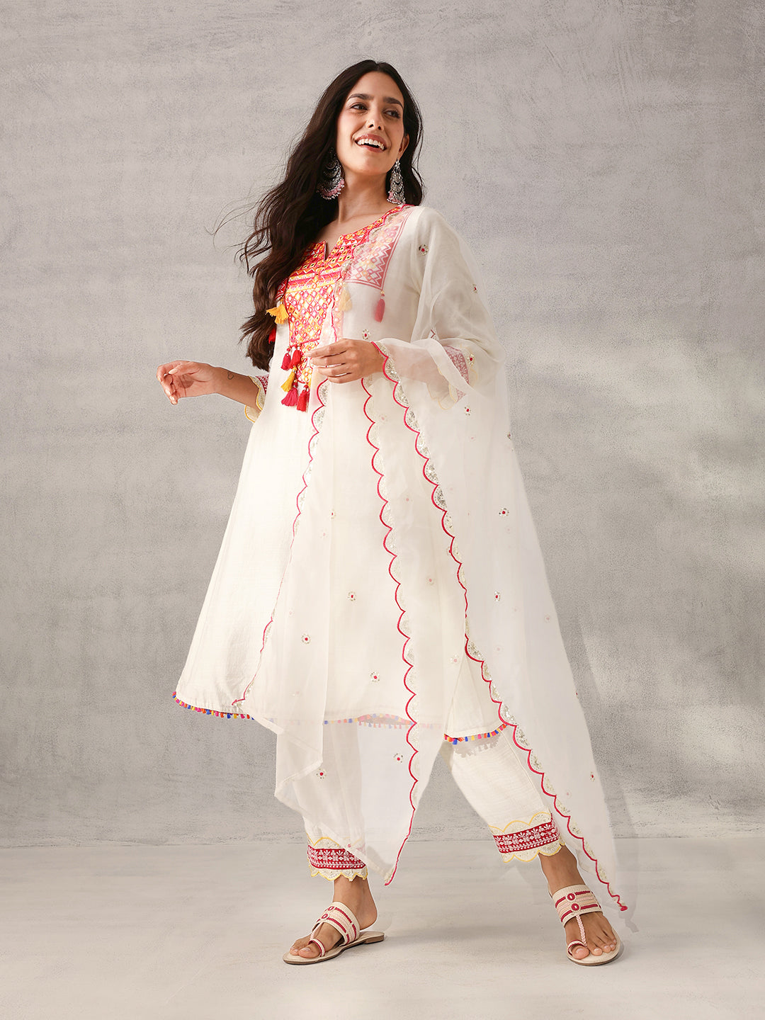 Soft White Viscose Silk Embroidered Straight Fit Kurta Set with Dupatta