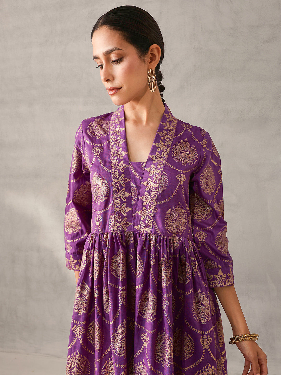Rich Rust Purple Foil Printed Fit & Flare Kurta