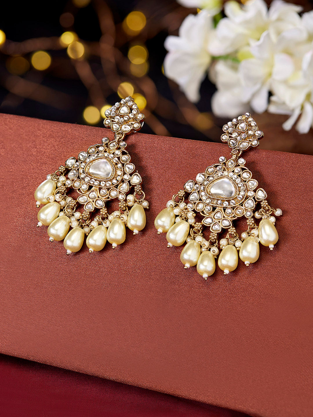 Ishin Gold Plated Kundan Ivory Pearls Floral Drop Earrrings