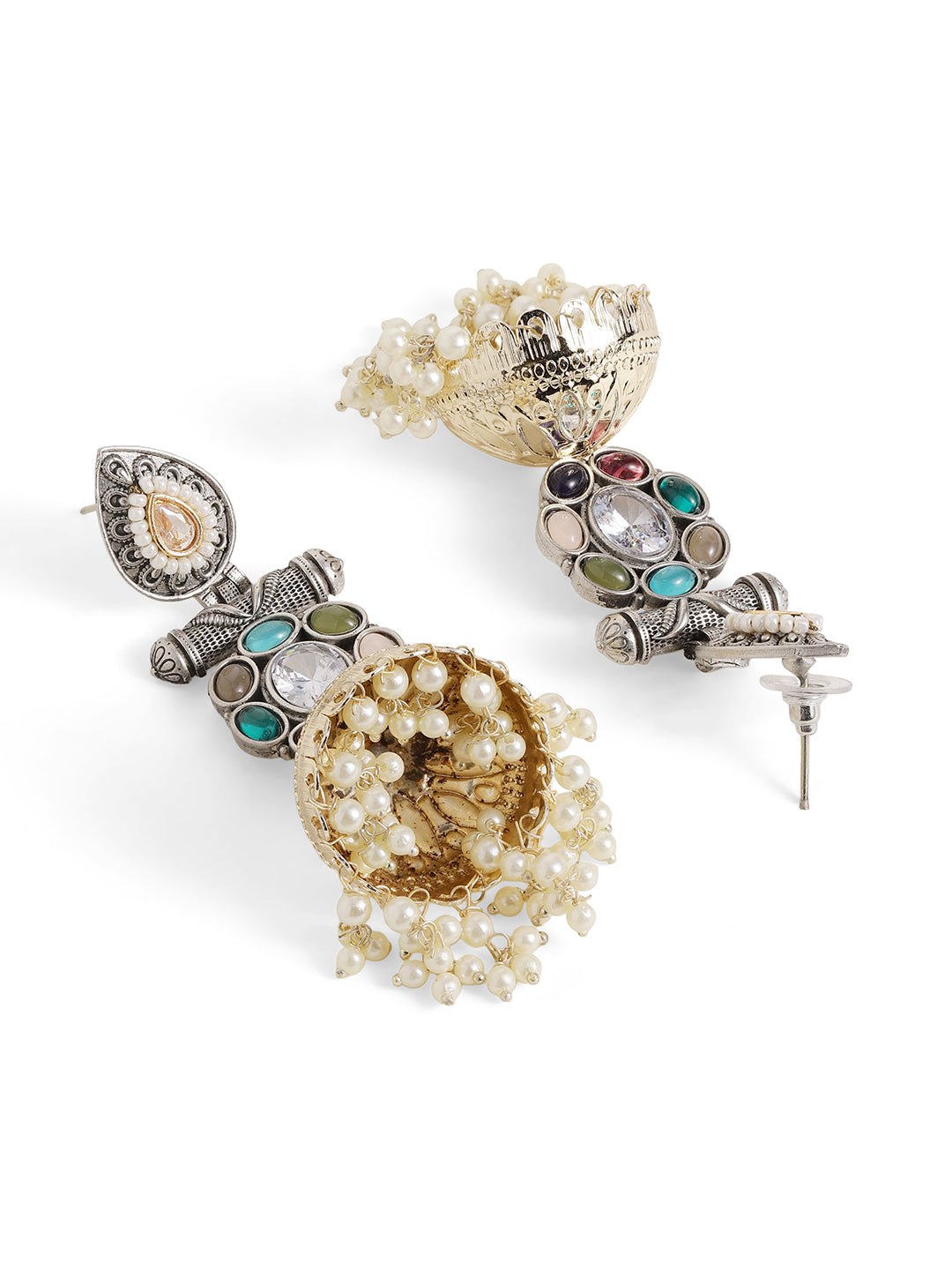 Ishin Multi Colour Silver Plated Beads Jhumka Earring