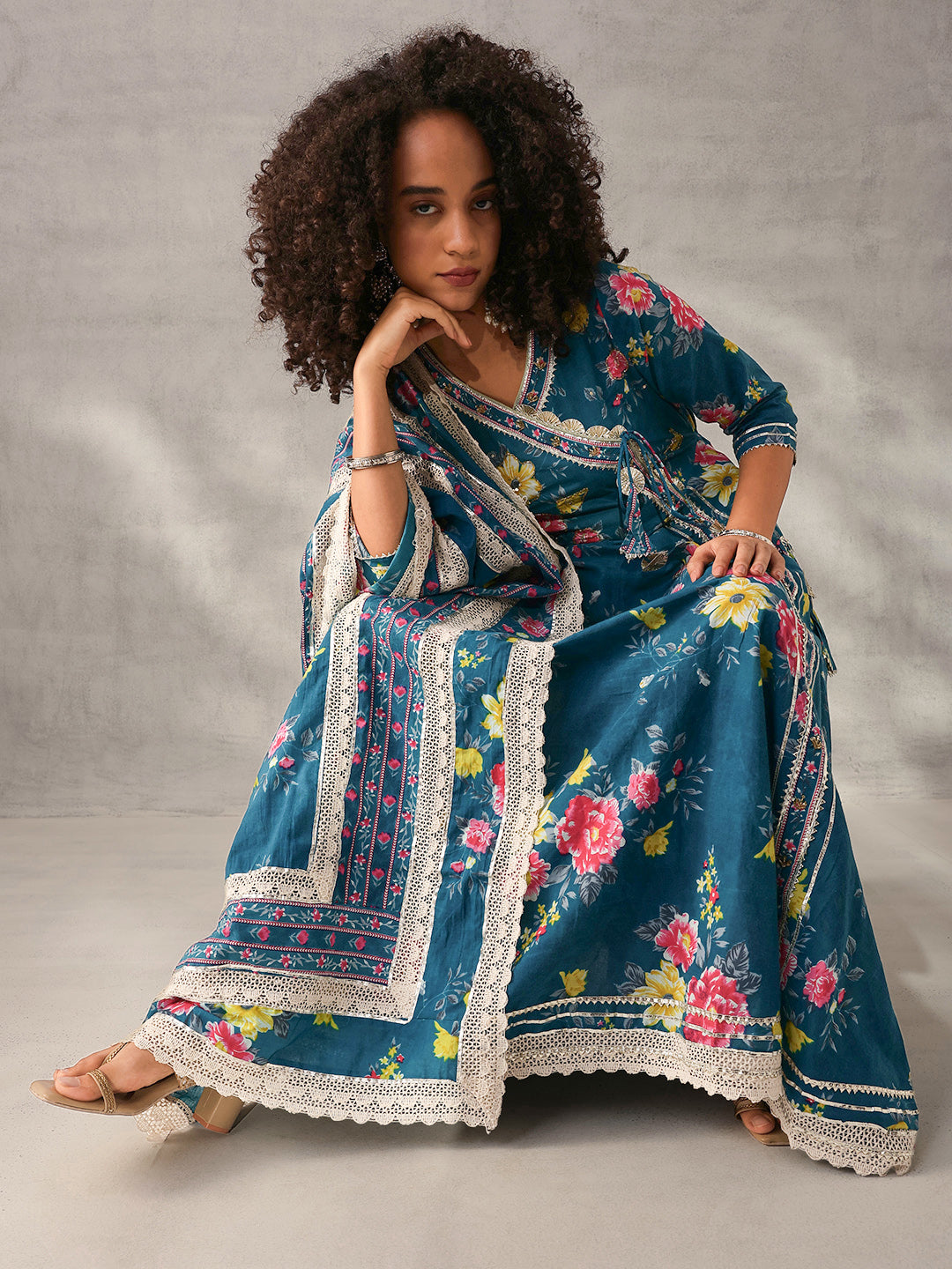 Graceful Teal Cotton Floral Printed Angrakha fit Kurta Set with Dupatta