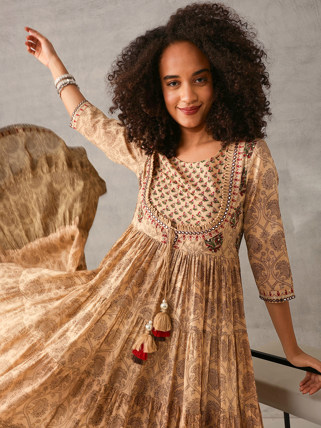 Graceful brown Cotton Printed with Embroidered Fit & Flare Gown 