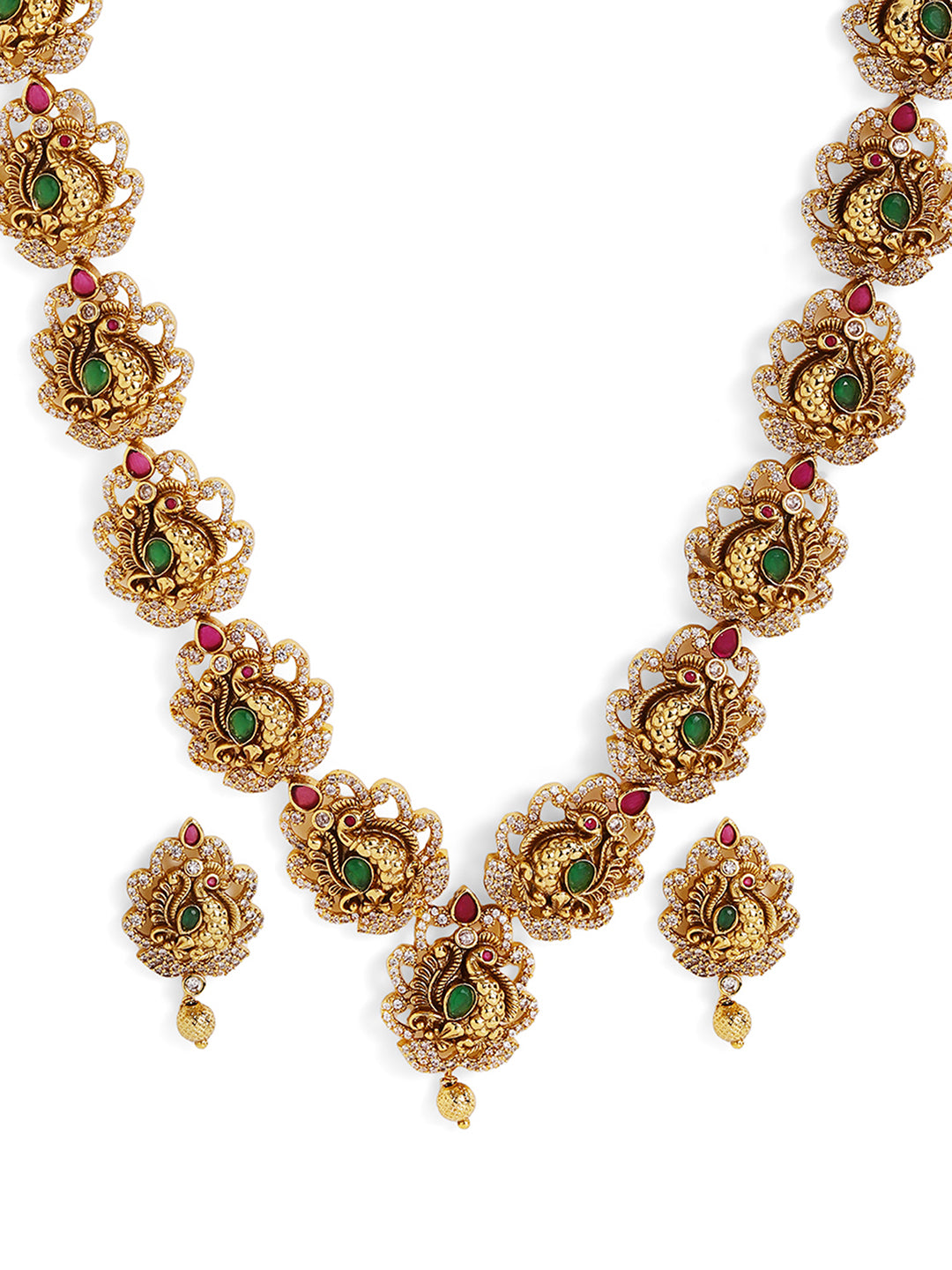 Ishin Gold Plated Goddess Pattern Temple Necklace and Drop Earrings Jewellery Set