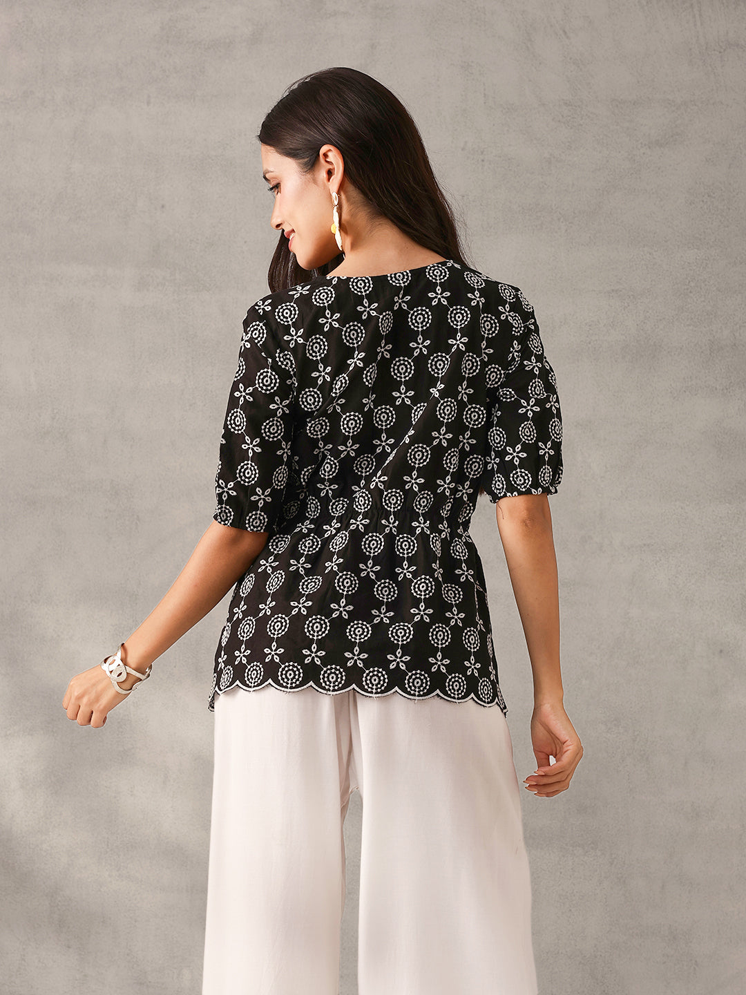 Comfy Black Cotton Embroidered Regular Fit Top