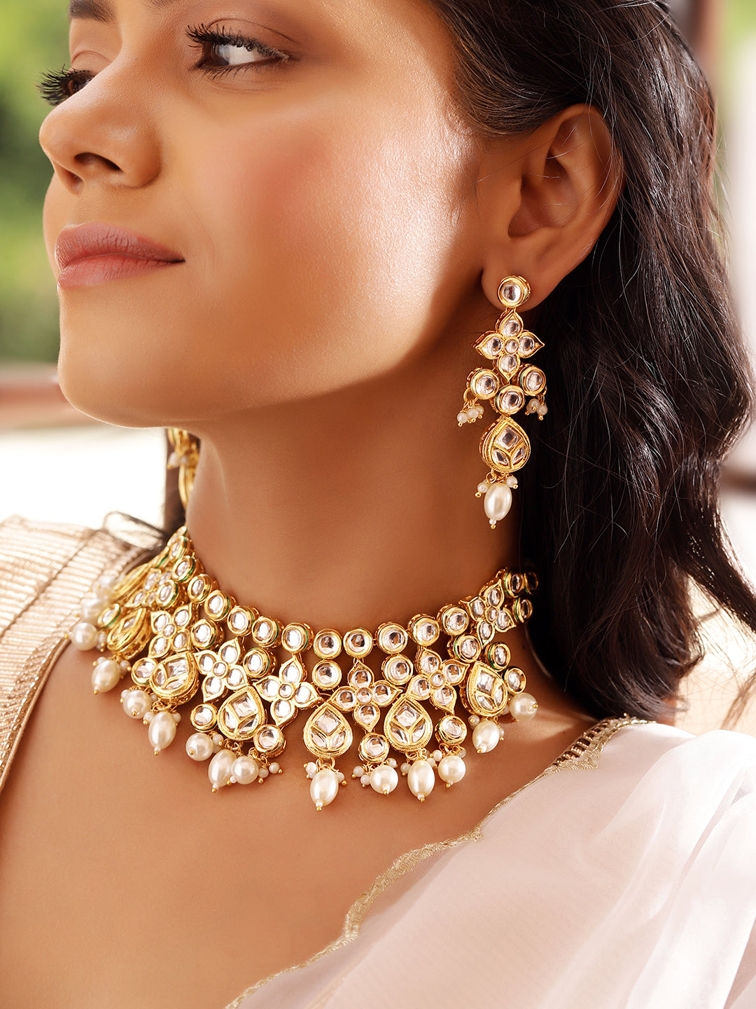 Ishin White Colour Gold plated Kundan with pearl Jewellery set